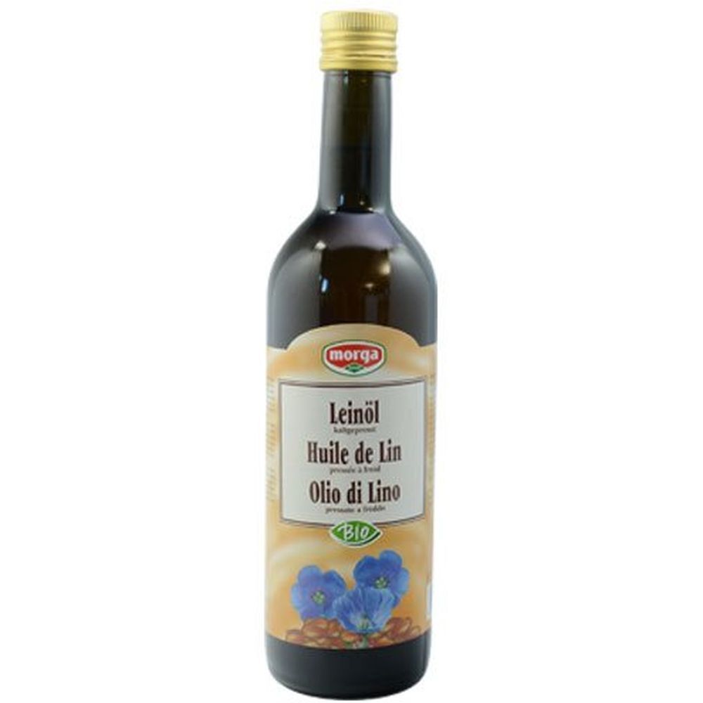 Bouteille en verre brun avec bouchon doré. Étiquette avec nom du produit, marque morga® et label bio. Illustration de graines de lin et de fleurs.