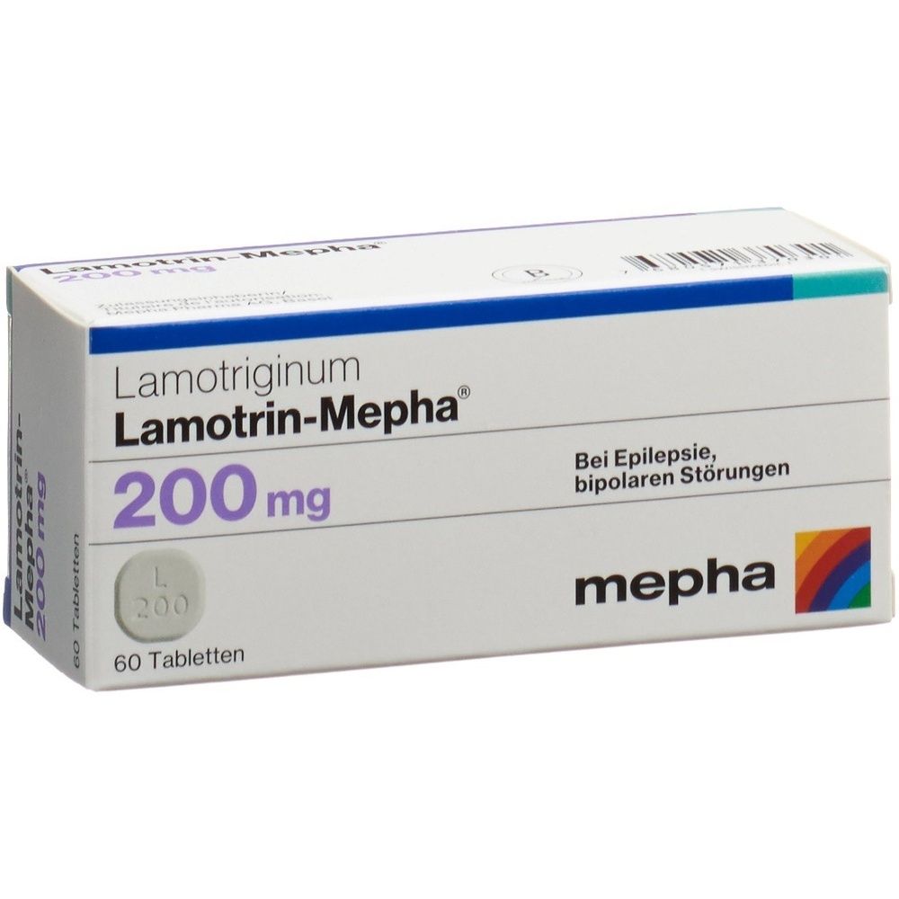 Boîte de comprimés "Lamotrin Mepha 200 mg". Le logo "mepha" est également visible sur l'emballage.