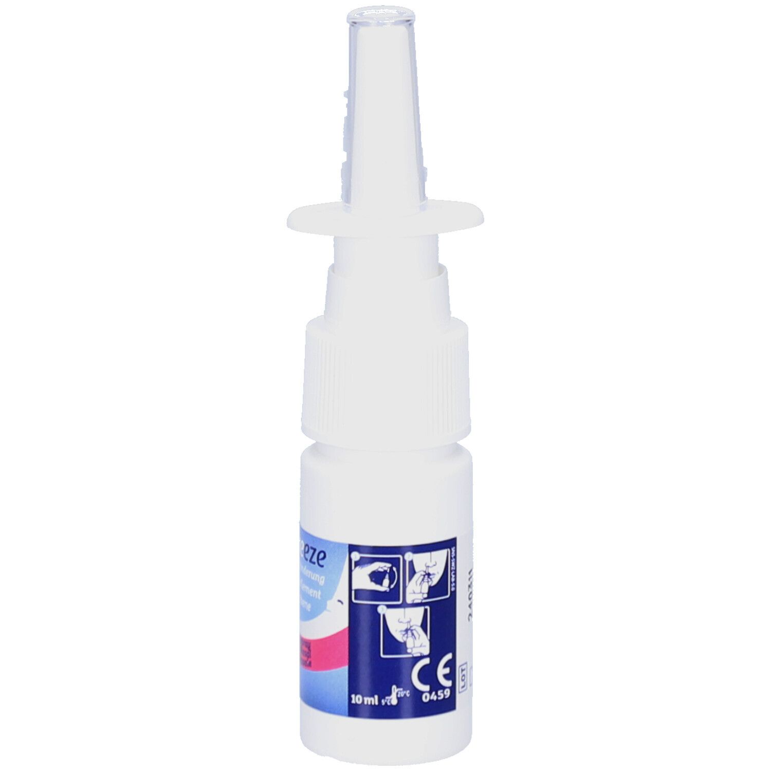 Flacon de spray nasal blanc avec étiquette bleu-rose. Inscription: snoreeze, Anti-ronflement, spray nasal. Buse transparente. Marquage CE.