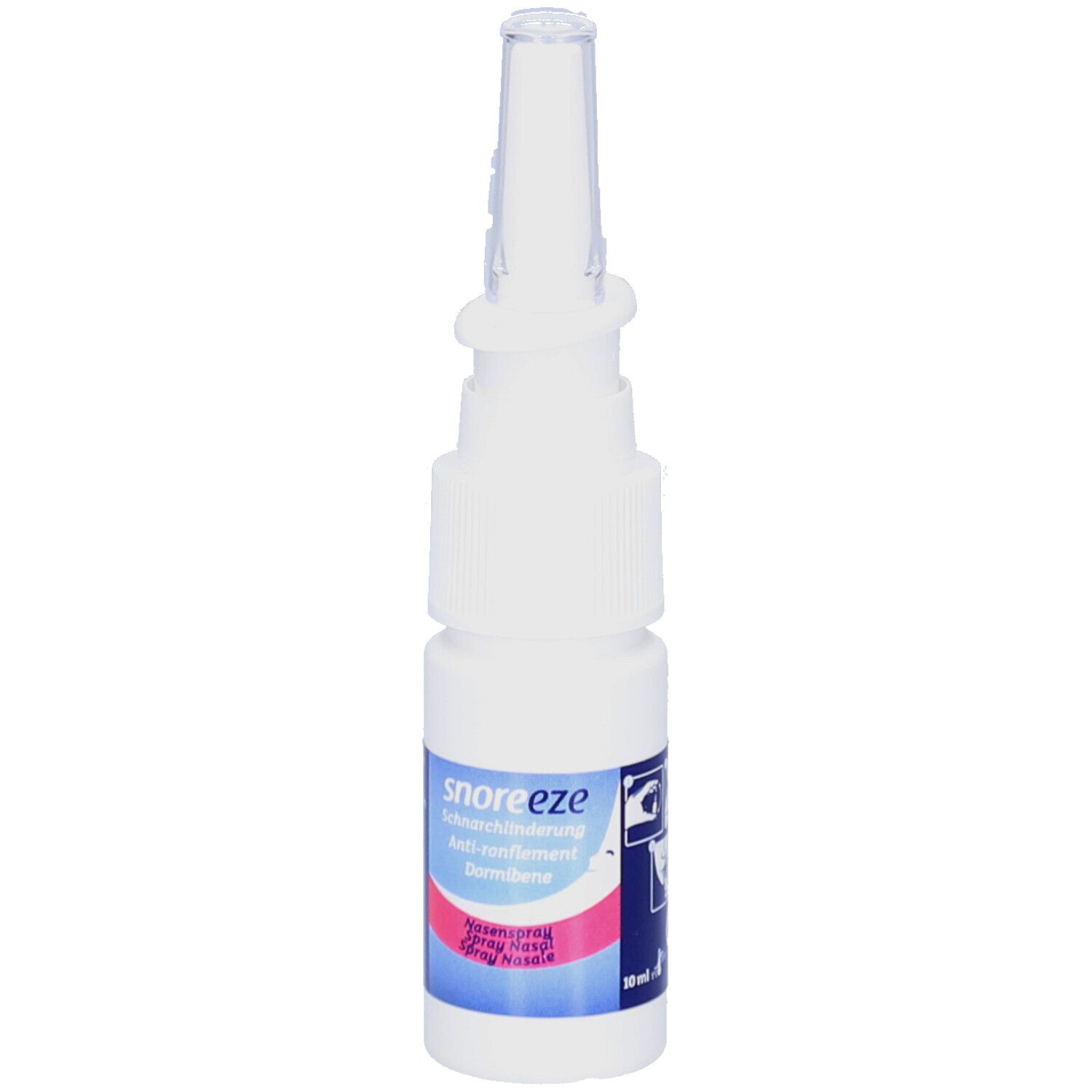 Flacon de spray nasal blanc avec étiquette bleu-rose. Inscription: snoreeze, Anti-ronflement, spray nasal. Buse de pulvérisation transparente.