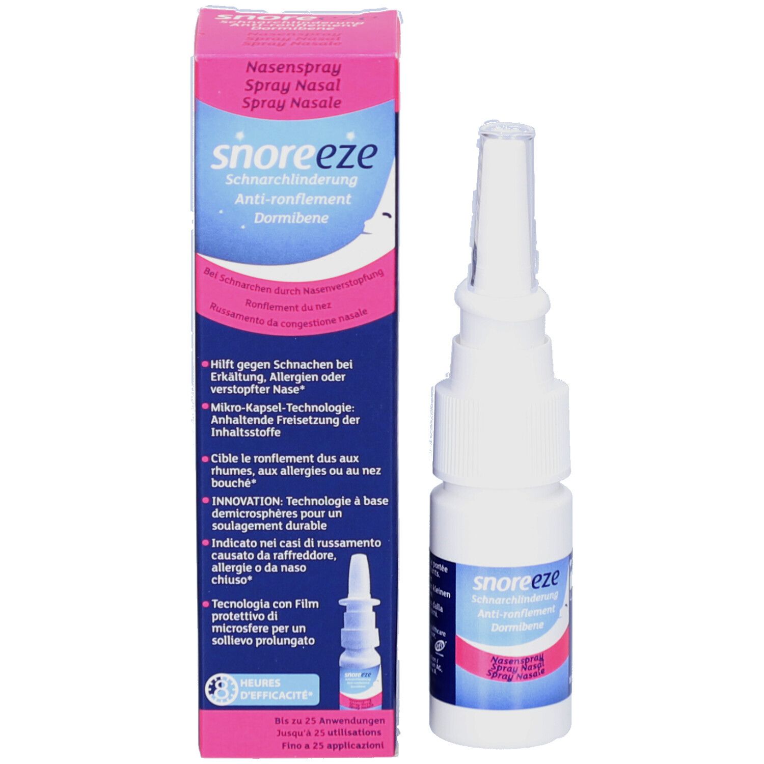 Emballage du produit et flacon de spray nasal. Emballage rose avec nom et informations du produit. Flacon blanc avec buse.