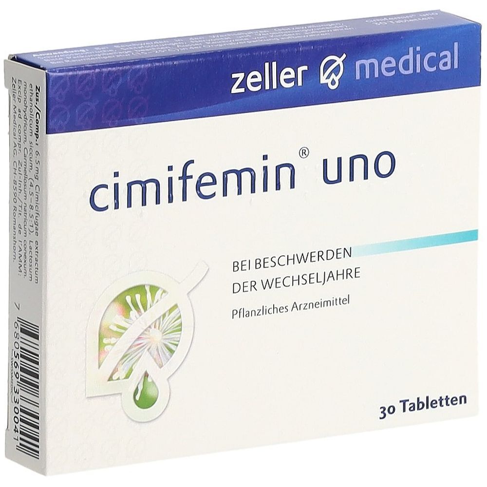 Schachtel mit "cimifemin uno". Aufschrift "zeller medical". Enthält 30 Tabletten. Text: "Bei Beschwerden der Wechseljahre".
