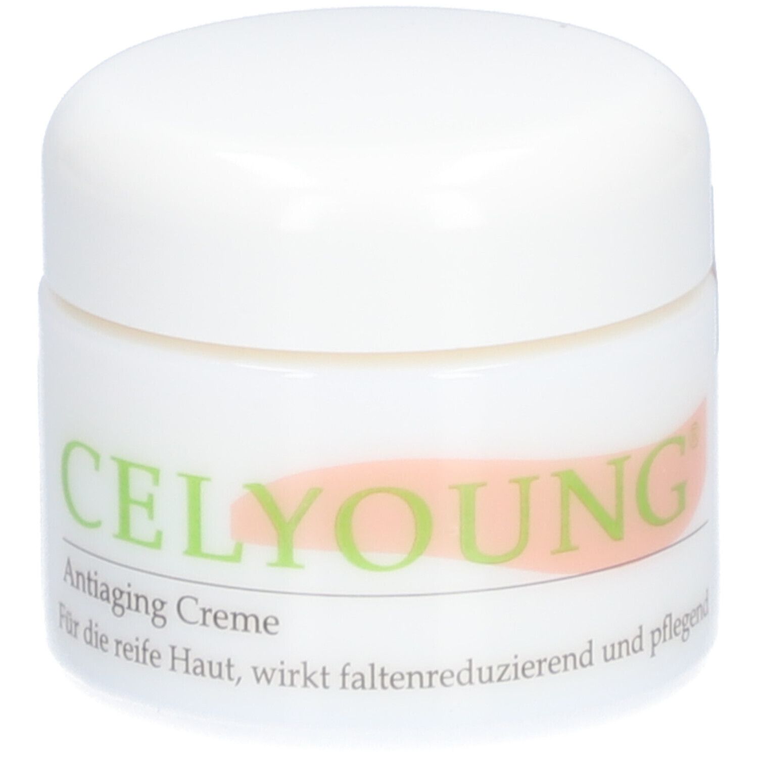 Weißer Tiegel mit Deckel. Aufschrift CELYOUNG, Antiaiging Creme. Text in Grün und Rosa. Produkt für reife Haut.