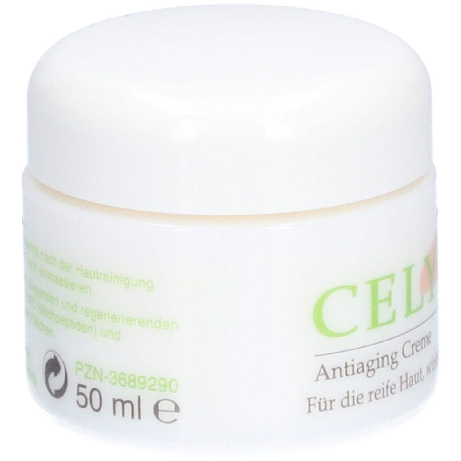 Weißer Tiegel mit Deckel. Aufschrift CELYOUNG, Antiaiging Creme. Text in Grün und Rosa. Produkt für reife Haut. Aufschrift 50 ml.