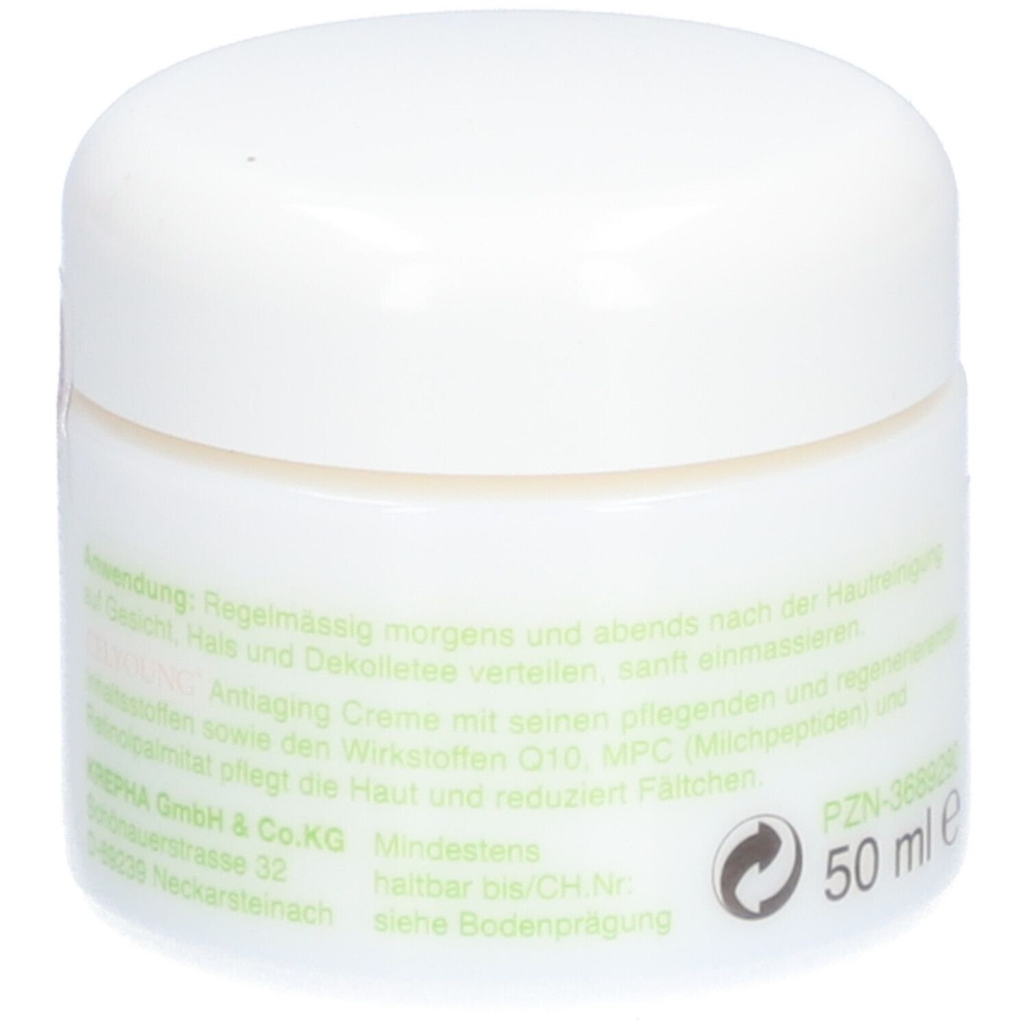 Weißer Tiegel mit Deckel. Aufschrift CELYOUNG, Antiaiging Creme. Text in Grün und Rosa. Produkt für reife Haut. Aufschrift 50 ml.