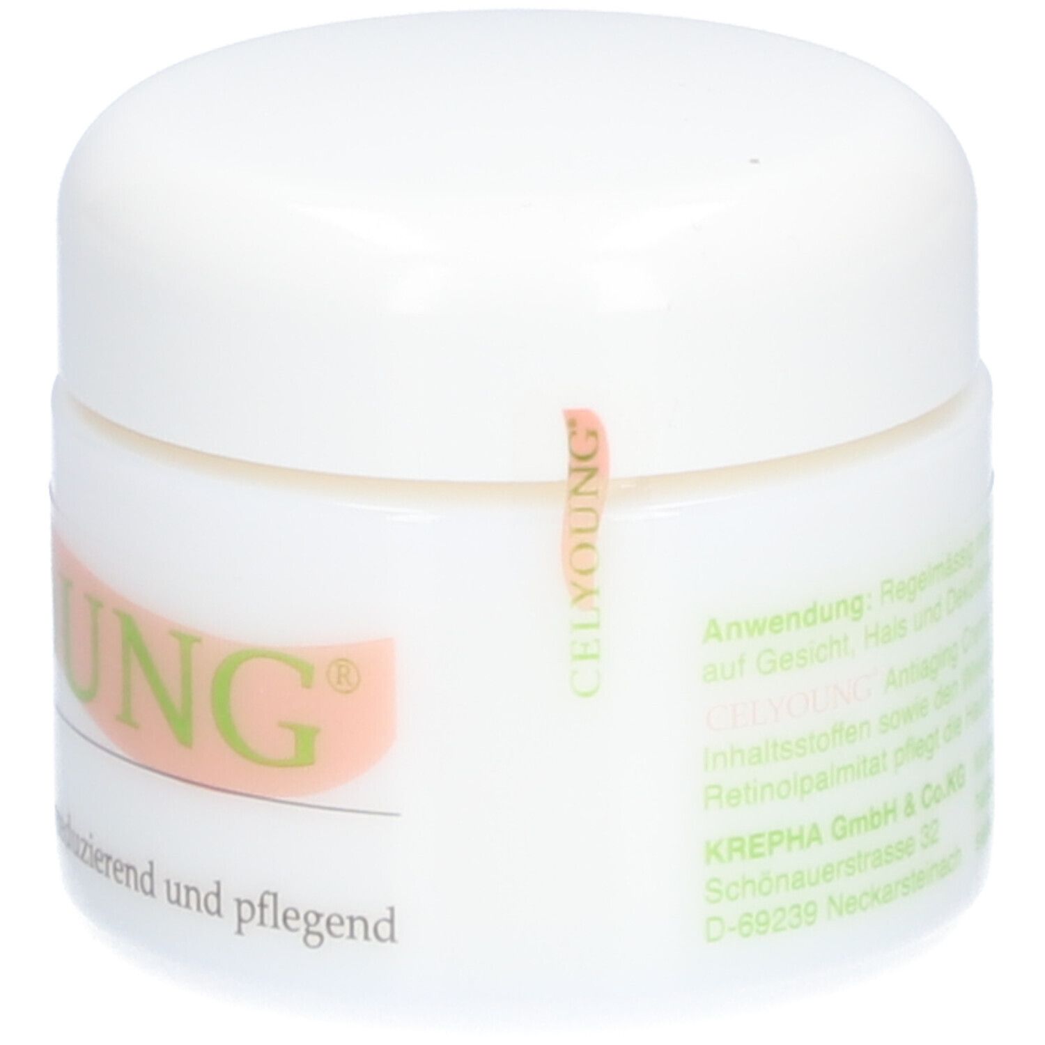 Weißer Tiegel mit Deckel. Aufschrift CELYOUNG, Antiaiging Creme. Text in Grün und Rosa. Produkt für reife Haut.