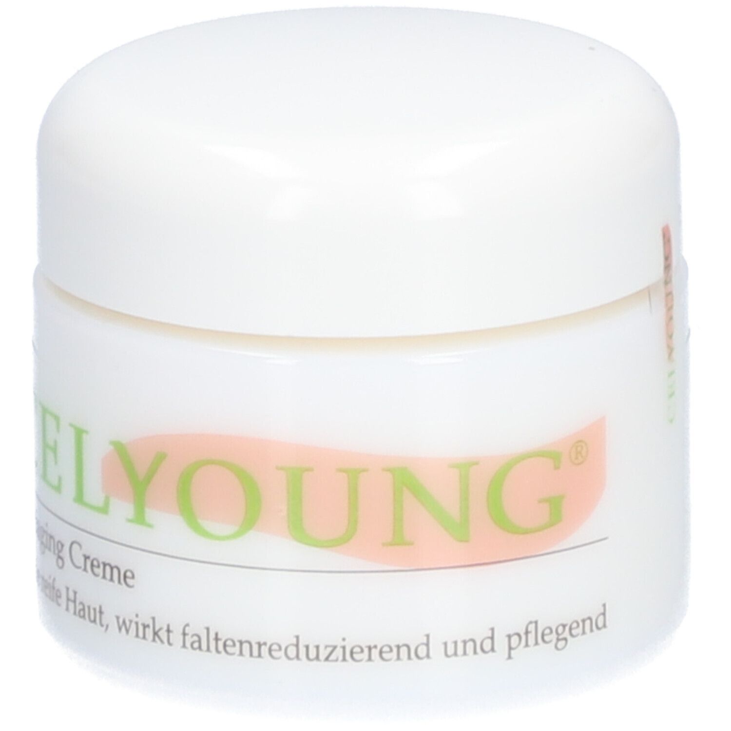 Weißer Tiegel mit Deckel. Aufschrift CELYOUNG, Antiaiging Creme. Text in Grün und Rosa. Produkt für reife Haut.