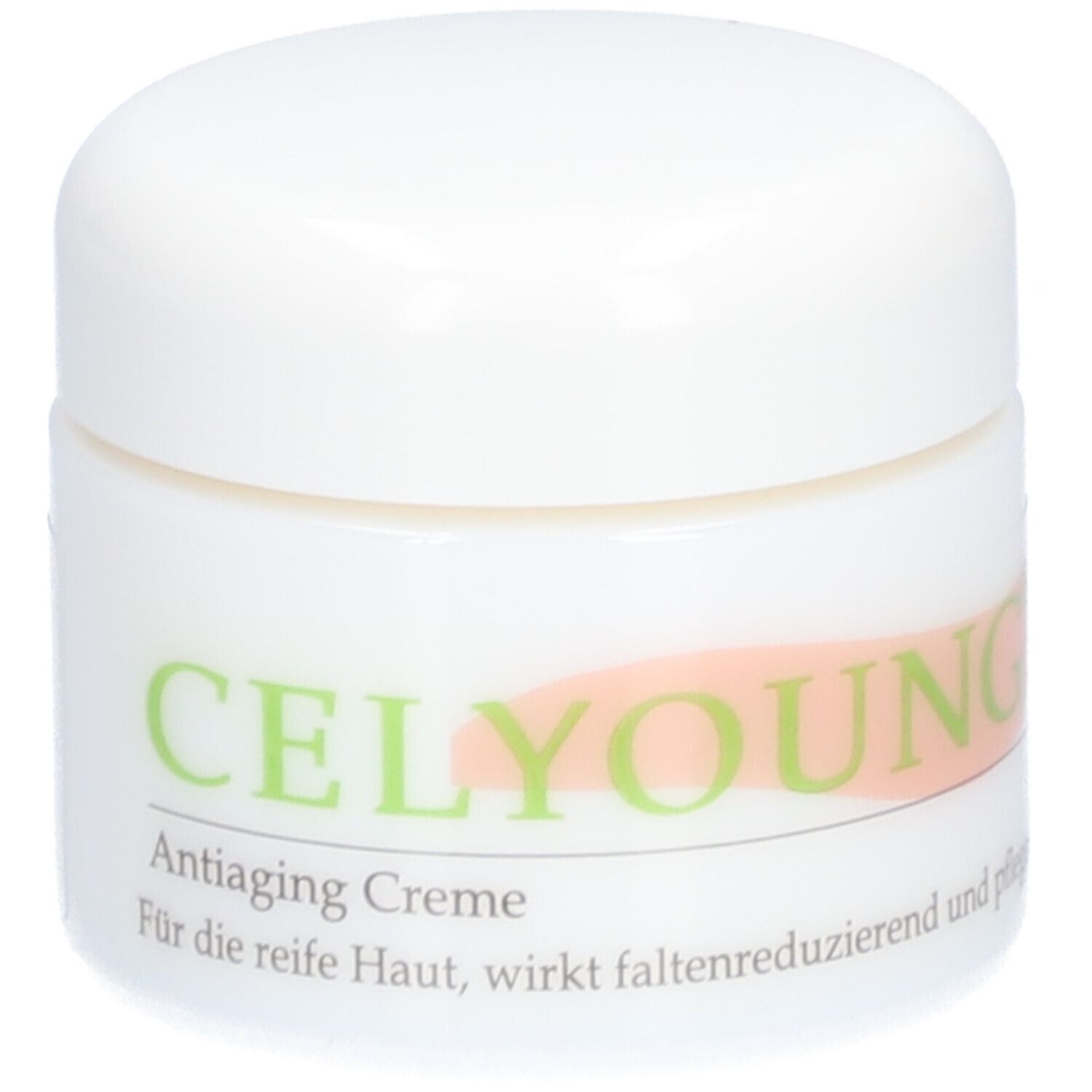 Weißer Tiegel mit Deckel. Aufschrift CELYOUNG, Antiaiging Creme. Text in Grün und Rosa. Produkt für reife Haut.