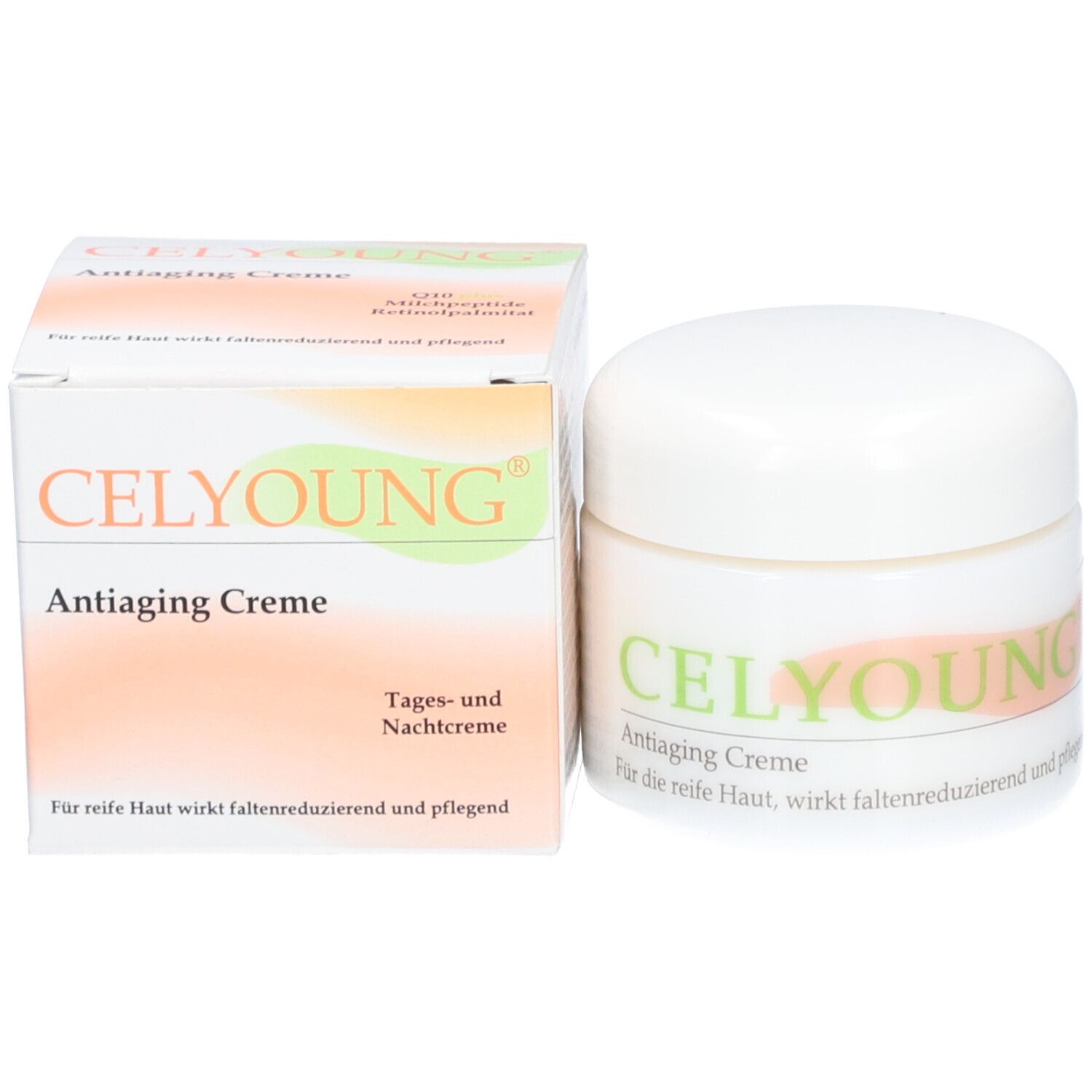 Weißer Tiegel und Schachtel. Aufschrift CELYOUNG, Antiaiging Creme. Text in Grün und Rosa. Produkt für reife Haut.