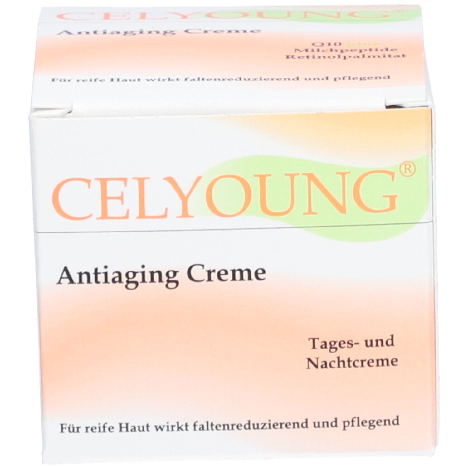 Schachtel. Aufschrift CELYOUNG, Antiaiging Creme. Text in Grün und Rosa. Produkt für reife Haut. Tages- und Nachtcreme.