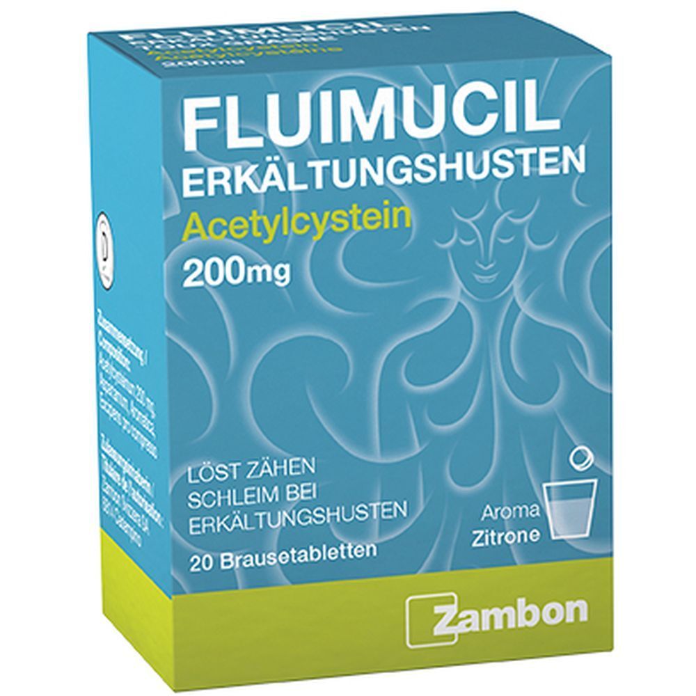 Blau-gelbe Schachtel mit Produktnamen FLUIMUCIL, Acetylcystein 200mg. Enthält 20 Brausetabletten. Marke Zambon.