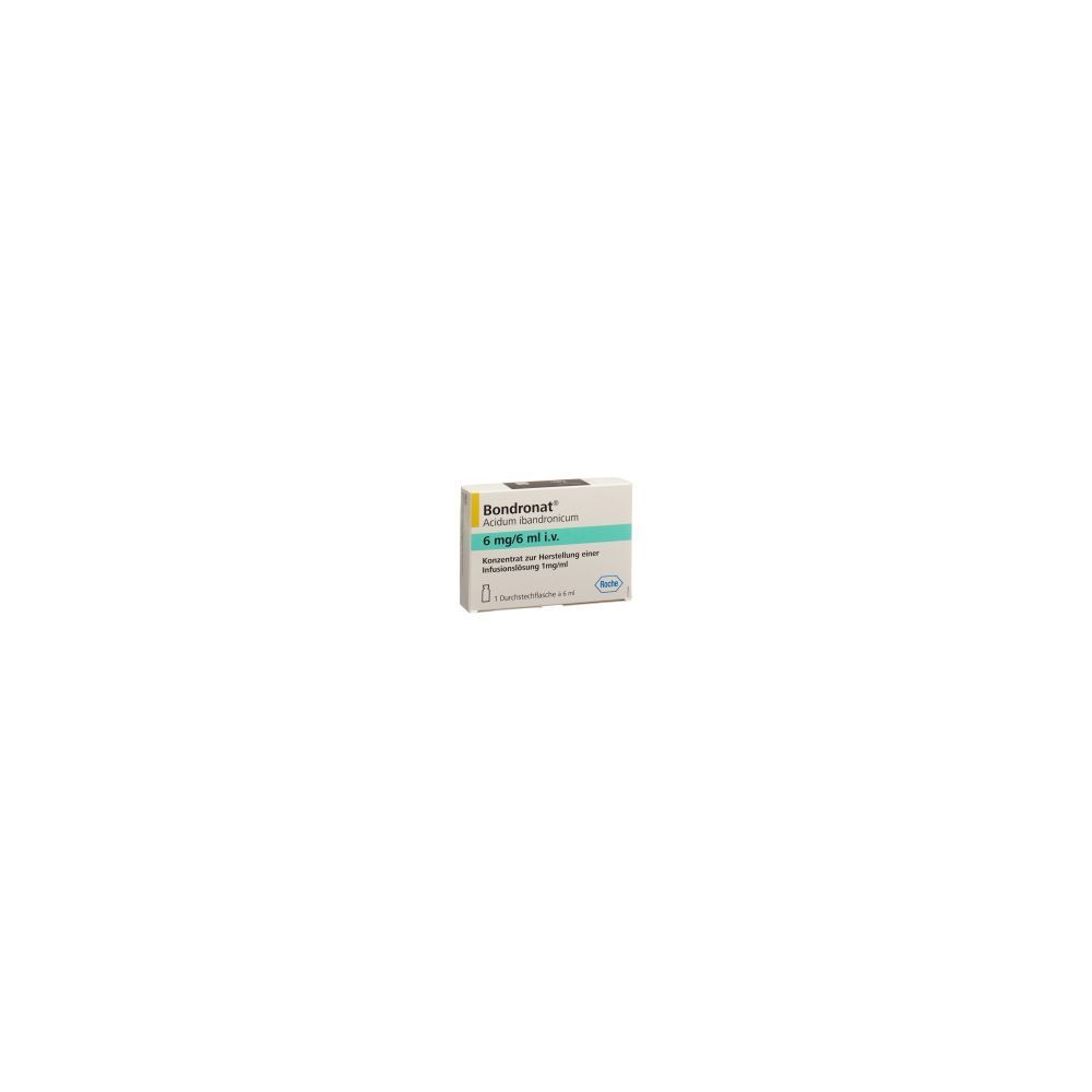 Karton mit Produktinformationen. Aufschrift: BONDRONAT, 6 mg/6 ml i.v. Durchstechflasche. Roche-Logo.