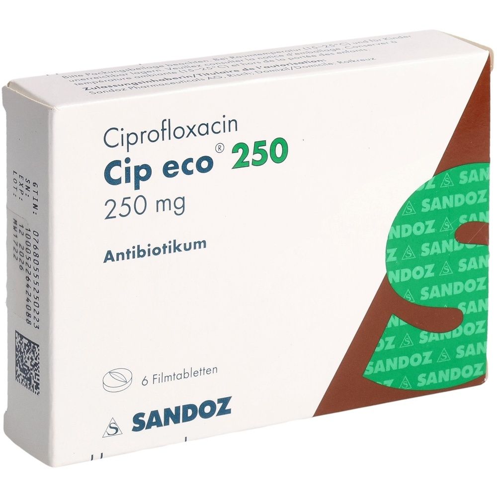 Karton mit Produktbezeichnung "Cip eco 250 mg". Weiße Verpackung mit grünen und grauen Elementen.