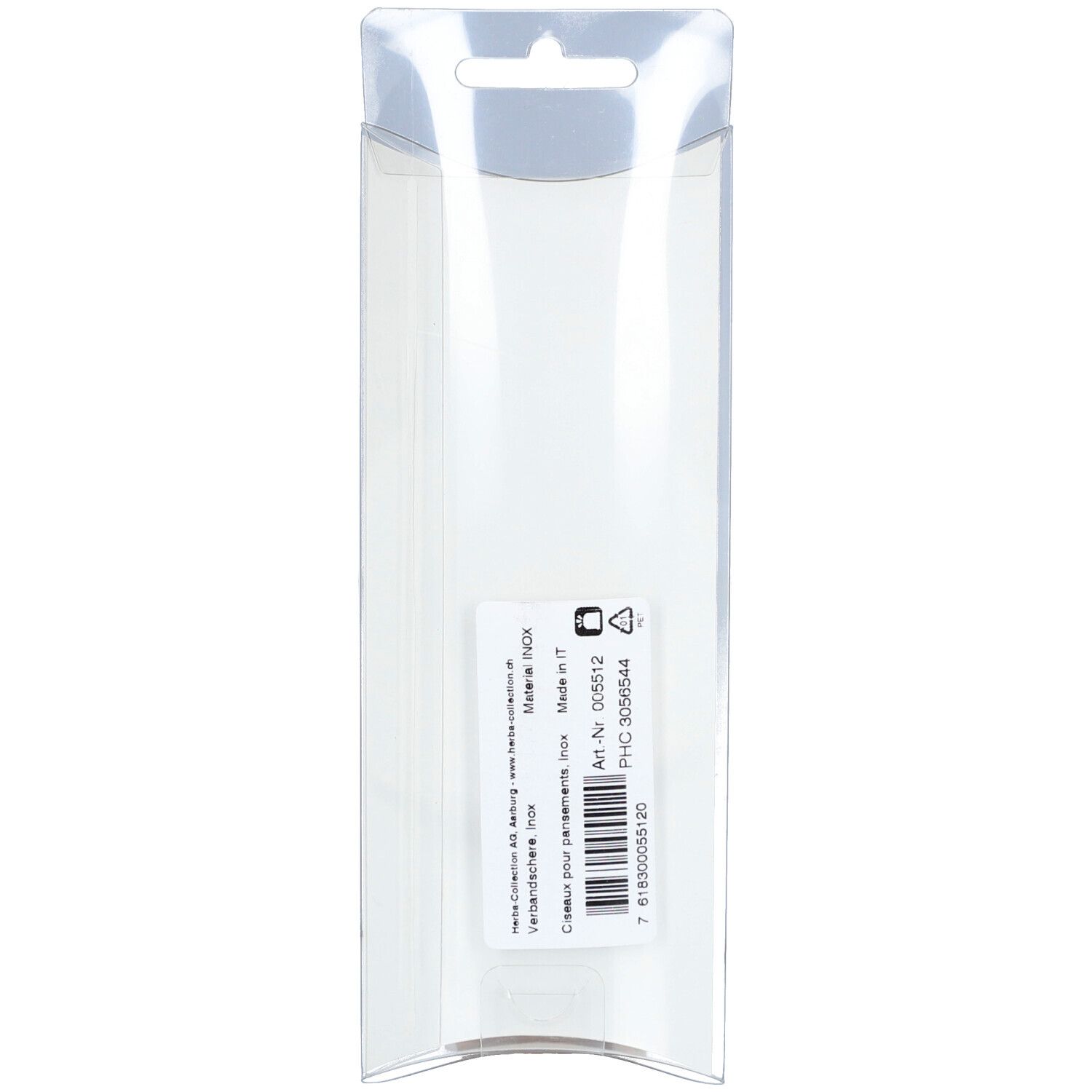 Dos de l'emballage blister avec informations sur le produit. Texte : Ciseaux pour pansement, INOX. Fabriqué en Italie.