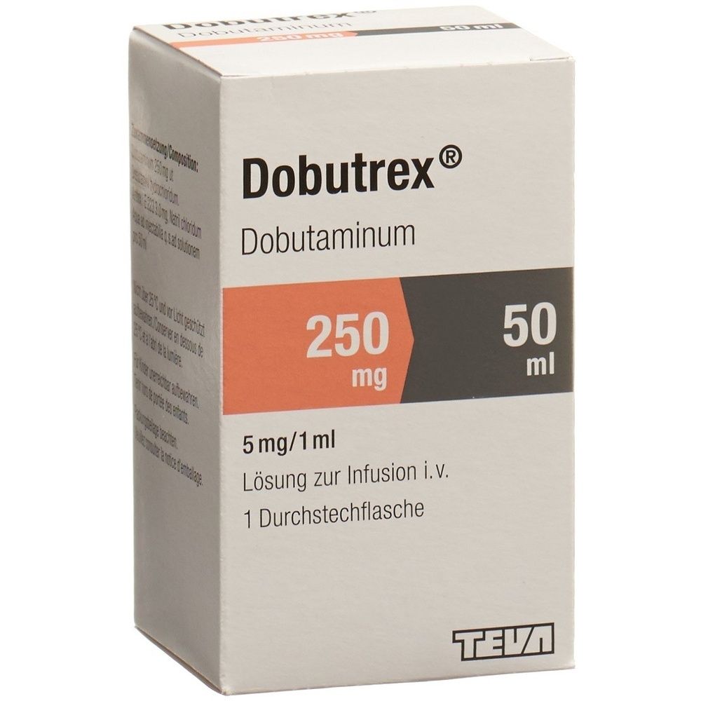 Kartonverpackung mit Produktbezeichnung und Dosierung. Farbliche Kennzeichnung. Aufschrift: DOBUTREX Inf Lös.