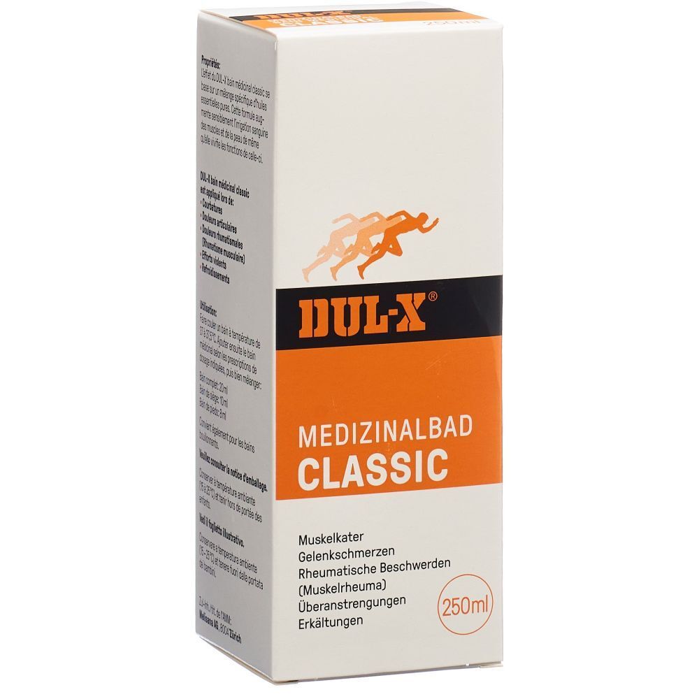 Weiß-orange Verpackung. Schriftzug DUL-X, Medizinalbad Classic. Indikationen: Muskelkater, Gelenkschmerzen, rheumatische Beschwerden, Überanstrengung.