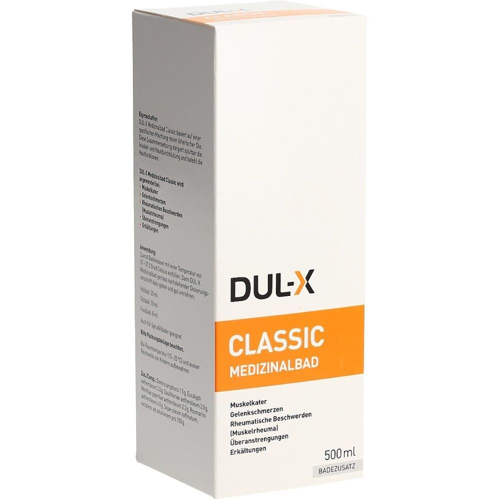 Weiße Verpackung mit orangefarbenem Feld. Darauf steht "DUL-X CLASSIC MEDIZINALBAD". Angaben zu Inhaltsstoffen und Anwendungsgebieten.