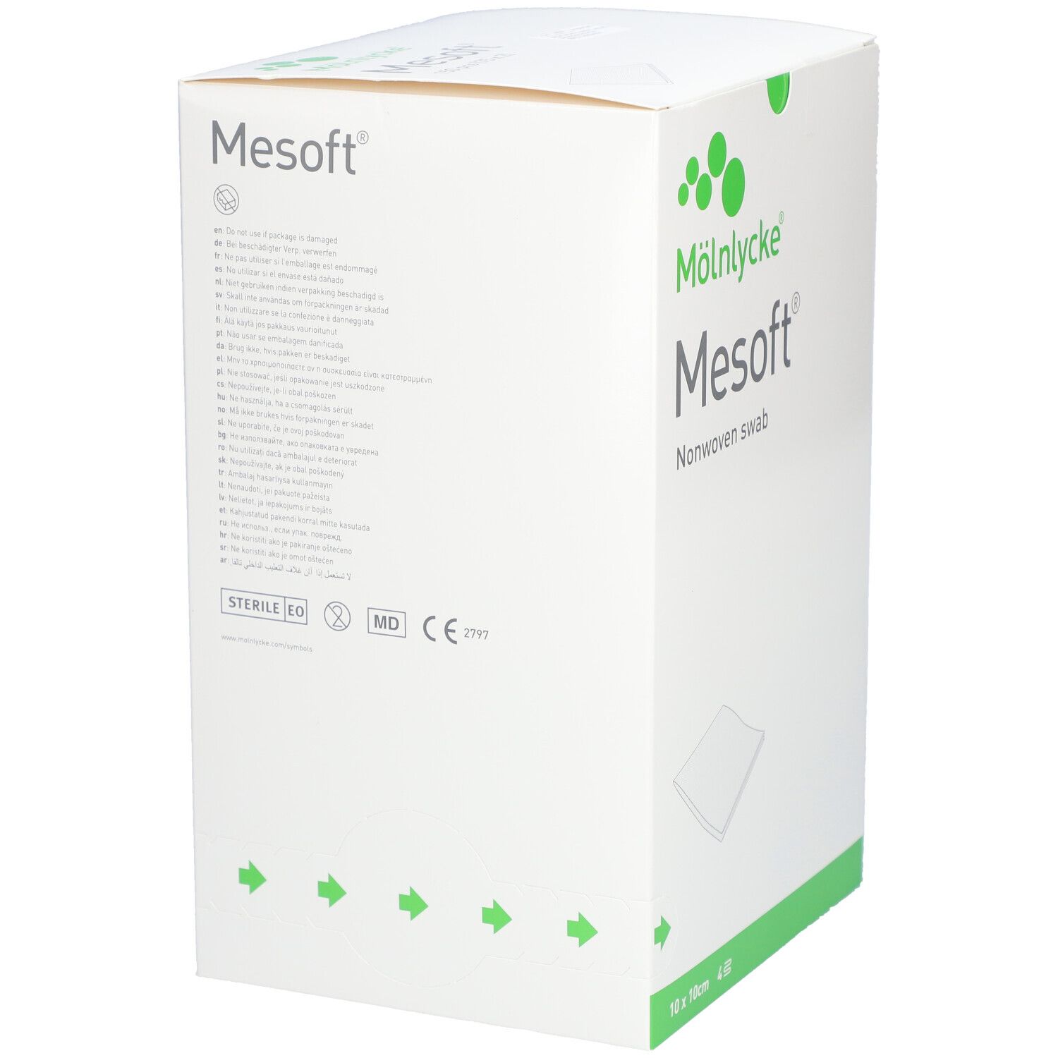 Emballage MÖLNLYCKE® Mesoft®. Boîte blanche avec nom et logo du produit. Marquage stérile et CE.