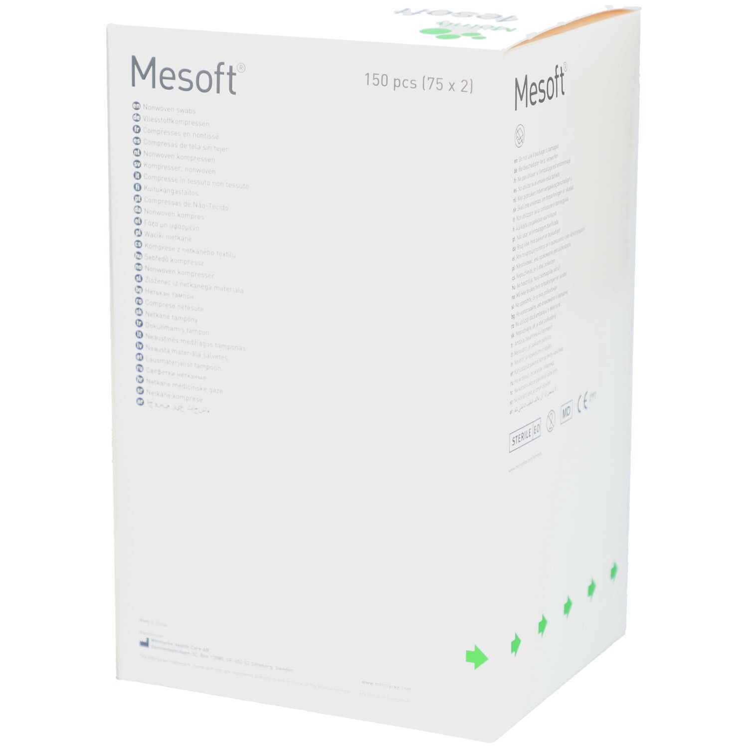 Emballage MÖLNLYCKE® Mesoft®. Boîte blanche avec nom et logo du produit. 150 pièces (75 x 2).