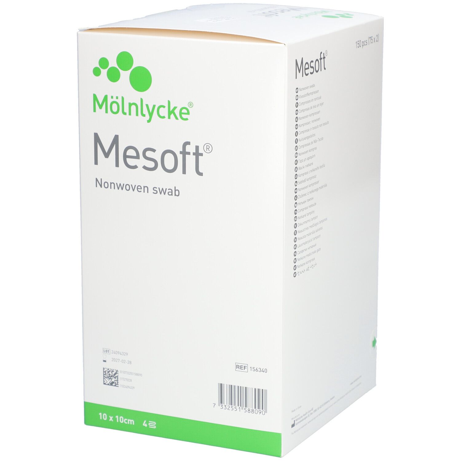 Emballage MÖLNLYCKE® Mesoft®. Boîte blanche avec nom et logo du produit. Taille : 10x10cm. 4 pièces. Code-barres.