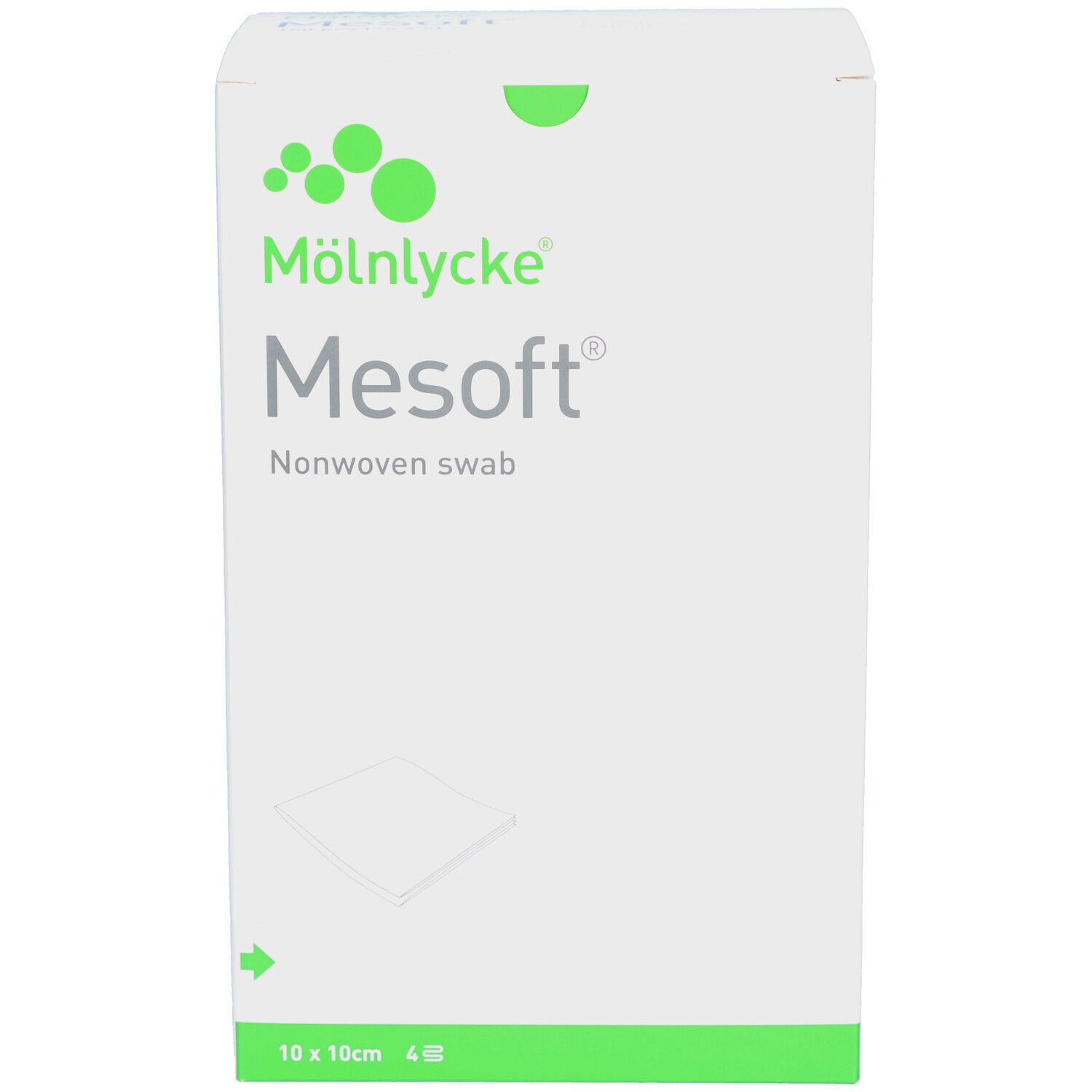 Emballage MÖLNLYCKE® Mesoft®. Boîte blanche avec nom et logo du produit. Taille : 10x10cm. 4 pièces.