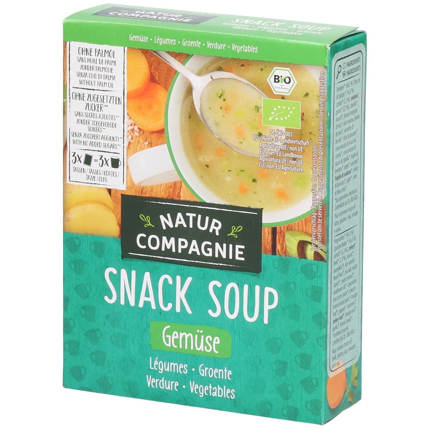 Grüne Schachtel mit "Natur Compagnie Snack Soup Gemüse". Abbildung von Suppe in Schüssel. Bio-Siegel.