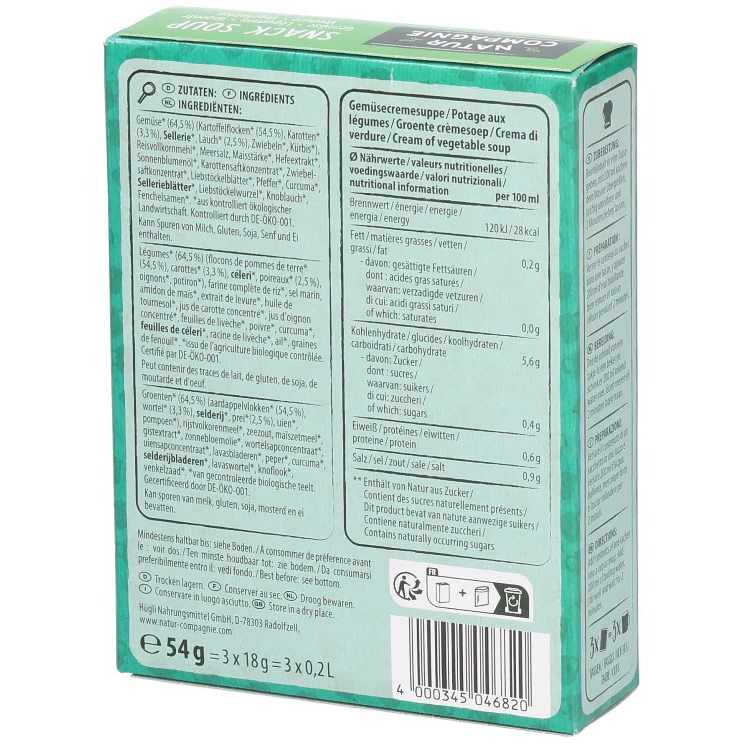 Rückseite der grünen Schachtel mit "Natur Compagnie Snack Soup Gemüse". Zutatenliste und Nährwertangaben.