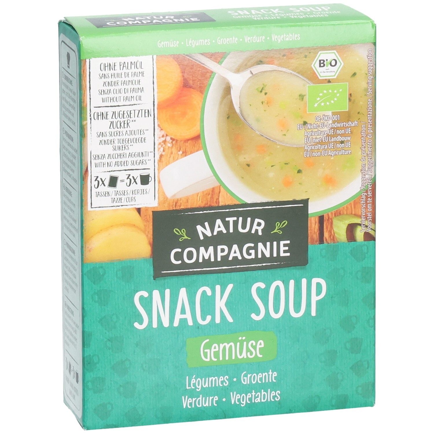 Grüne Schachtel mit "Natur Compagnie Snack Soup Gemüse". Abbildung von Suppe in Schüssel. Bio-Siegel.