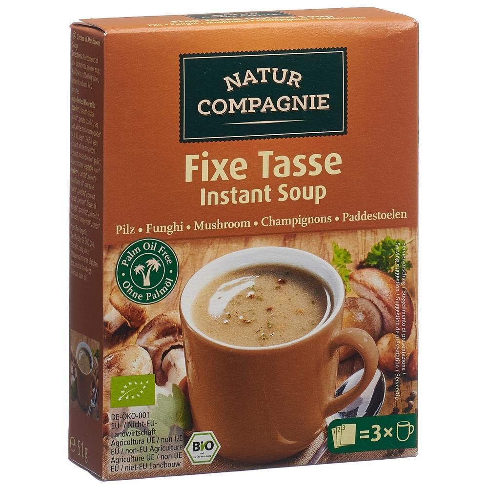 Verpackung von Instant Suppe. Braune Schachtel mit Logo und Produktbild. Text: Fixe Tasse Instant Soup, Pilz, Bio-Siegel.