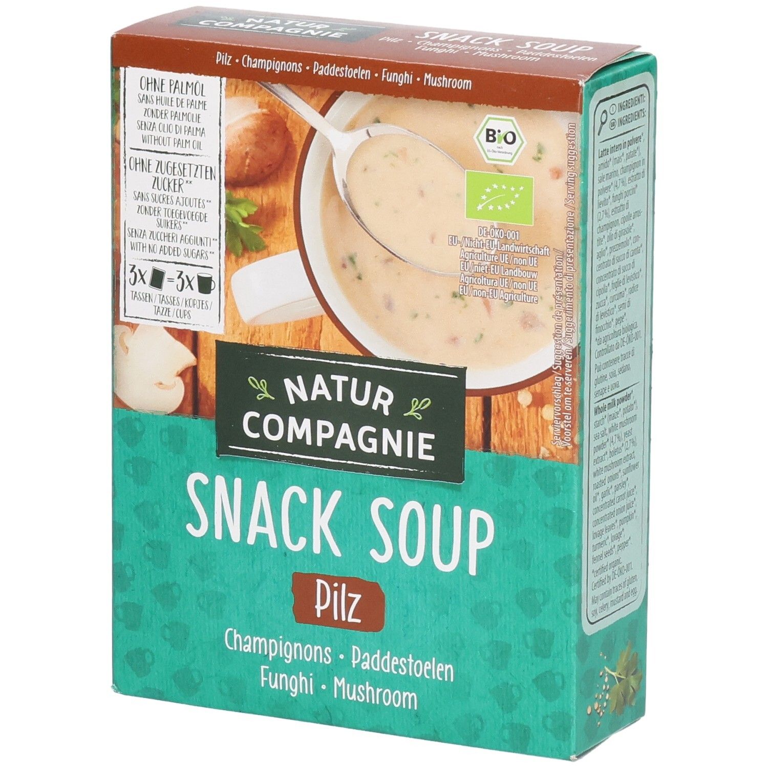 Verpackung von Snack Soup. Grüne Schachtel mit Logo und Produktbild. Text: Snack Soup Pilz, Bio-Siegel, ohne Palmöl, ohne Zucker.