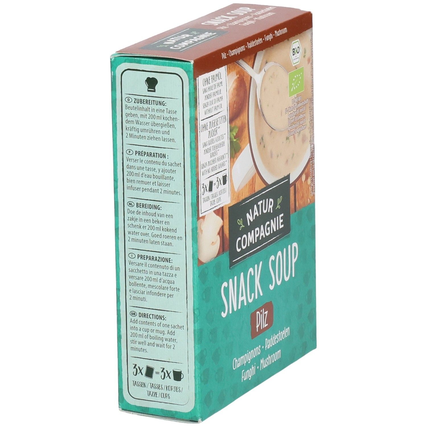 Verpackung von Snack Soup. Grüne Schachtel mit Logo und Produktbild. Text: Snack Soup Pilz, Bio-Siegel, ohne Palmöl, ohne Zucker.