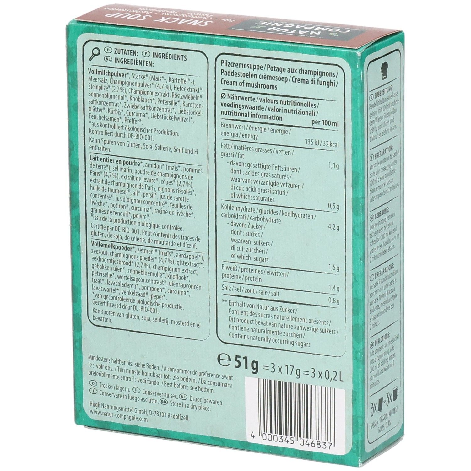 Rückseite der Snack Soup Verpackung. Text: Zutaten, Nährwerte, Zubereitung. Bio-Siegel. Gewicht: 51g, 3x17g = 3x0,2L.