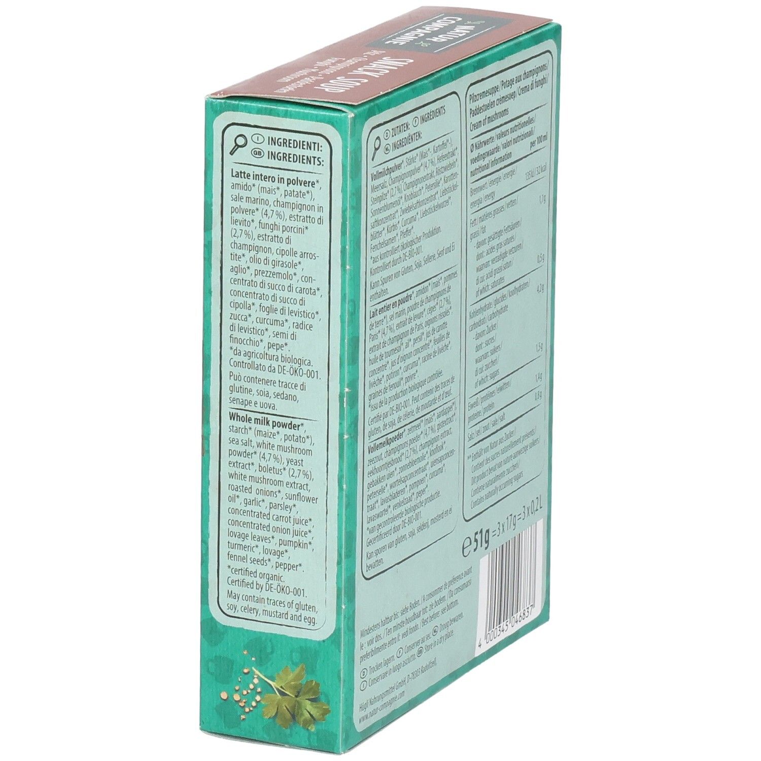 Rückseite der Snack Soup Verpackung. Text: Zutaten, Nährwerte, Zubereitung. Bio-Siegel. Gewicht: 51g, 3x17g = 3x0,2L.
