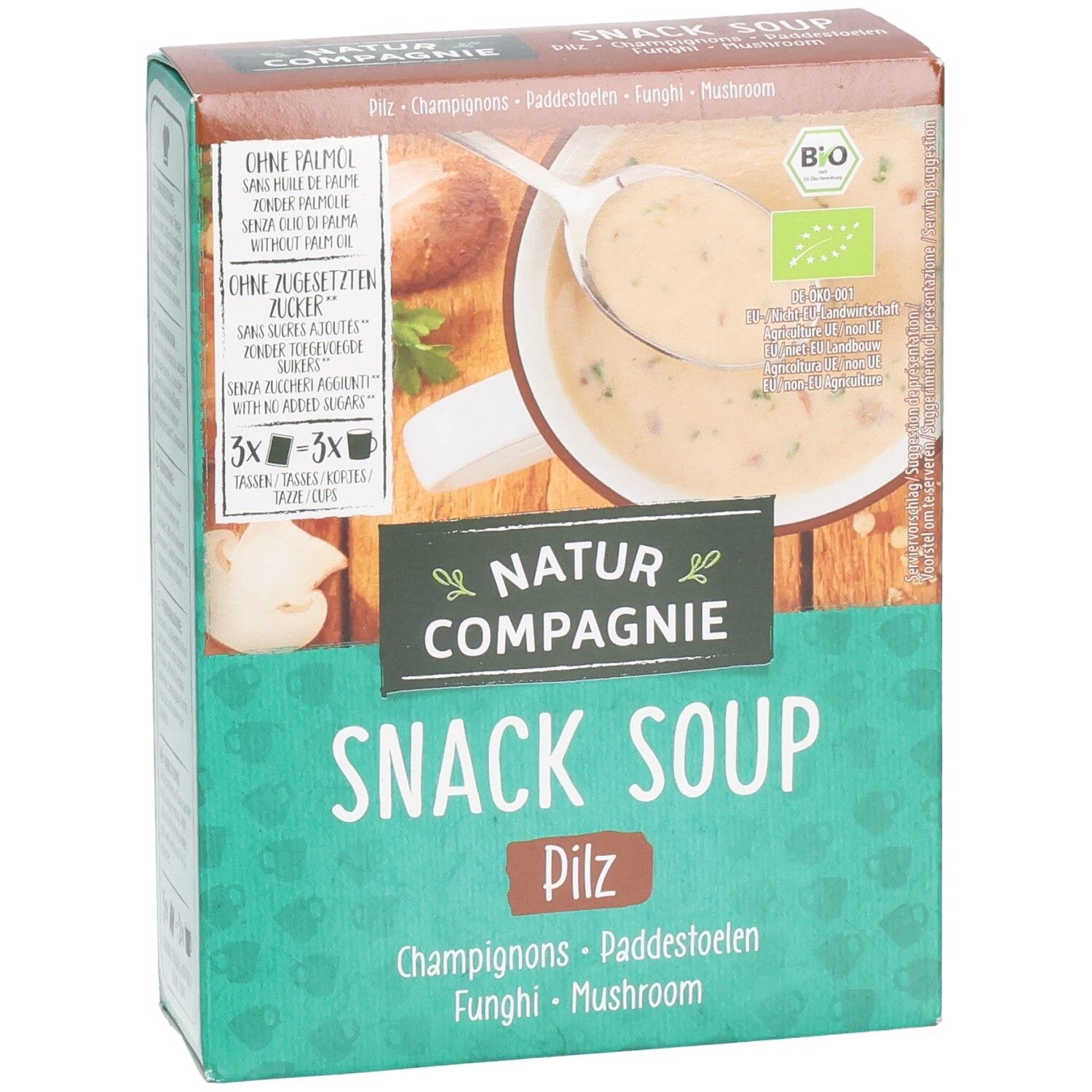 Verpackung von Snack Soup. Grüne Schachtel mit Logo und Produktbild. Text: Snack Soup Pilz, Bio-Siegel, ohne Palmöl, ohne Zucker.