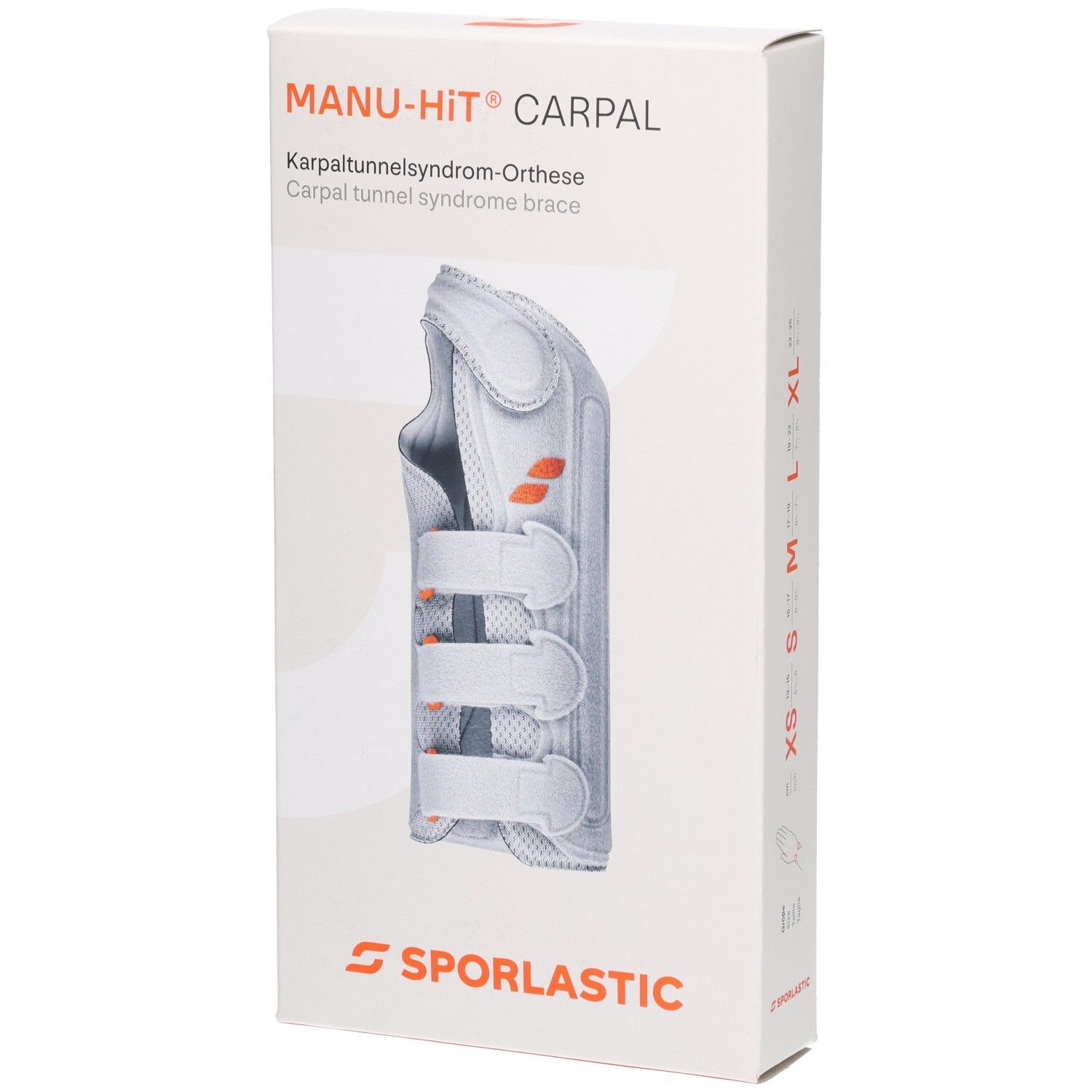 SPORLASTIC MANU-HIT CARPAL Orthese, weiß, mit Klettverschlüssen und orangefarbenen Akzenten.