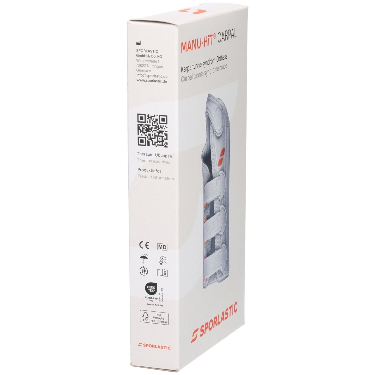 Verpackung der SPORLASTIC MANU-HIT CARPAL Orthese mit CE- und MD-Symbolen.
