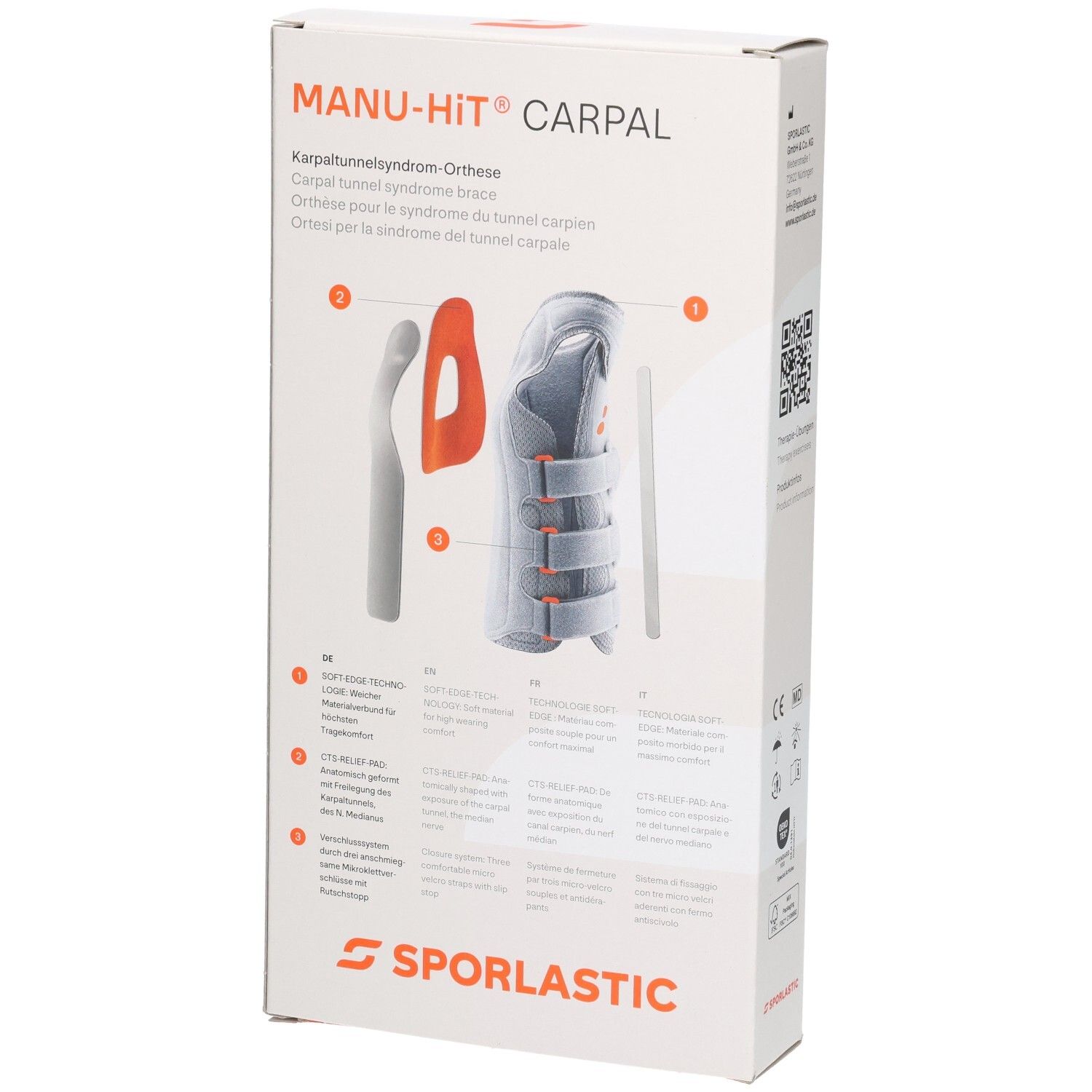 SPORLASTIC MANU-HIT CARPAL Orthese: Einzelteile und Montageansicht.