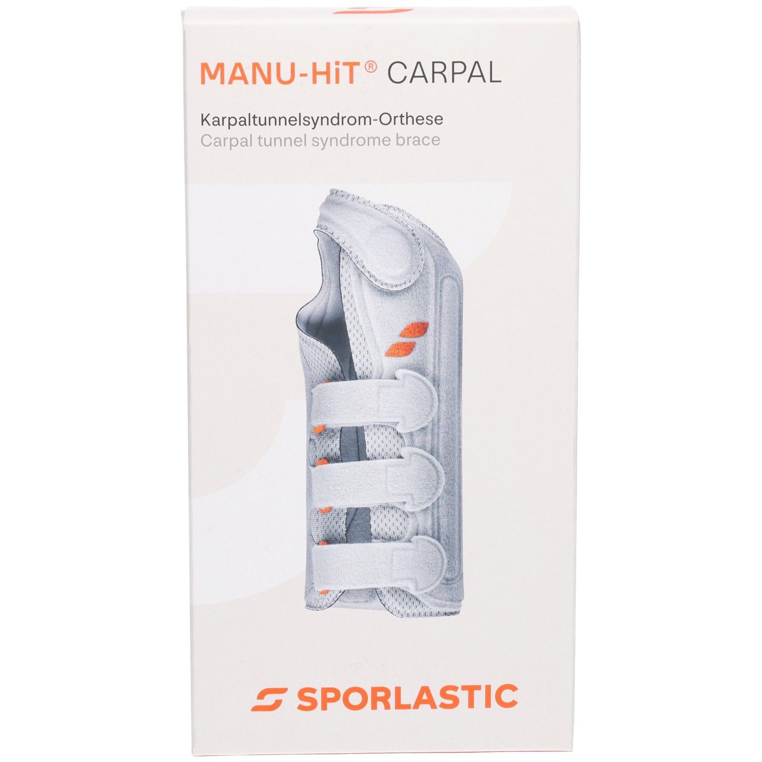 SPORLASTIC MANU-HIT CARPAL Orthese, weiß, mit Klettverschlüssen und orangefarbenen Akzenten.