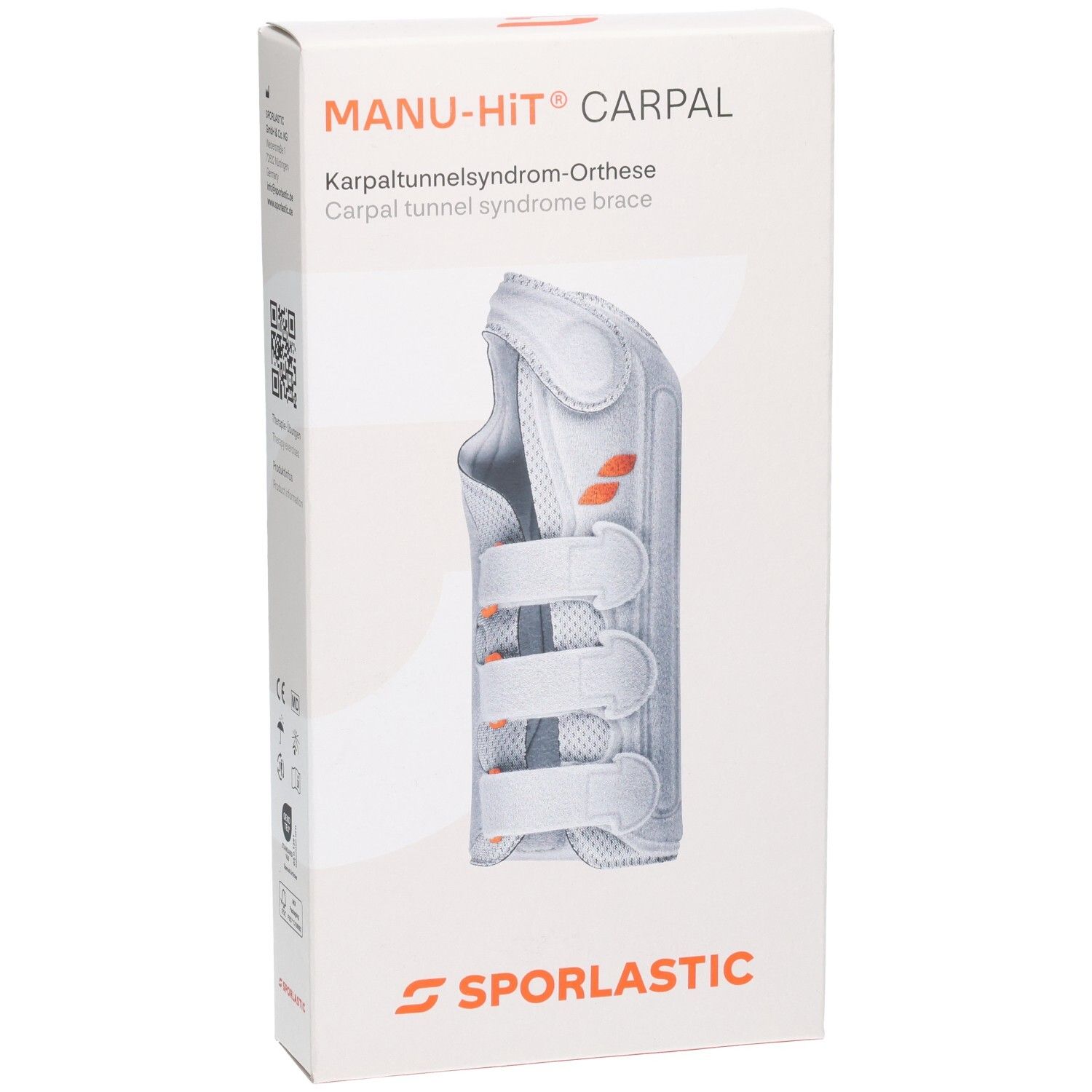 SPORLASTIC MANU-HIT CARPAL Orthese, weiß, mit Klettverschlüssen und orangefarbenen Akzenten.