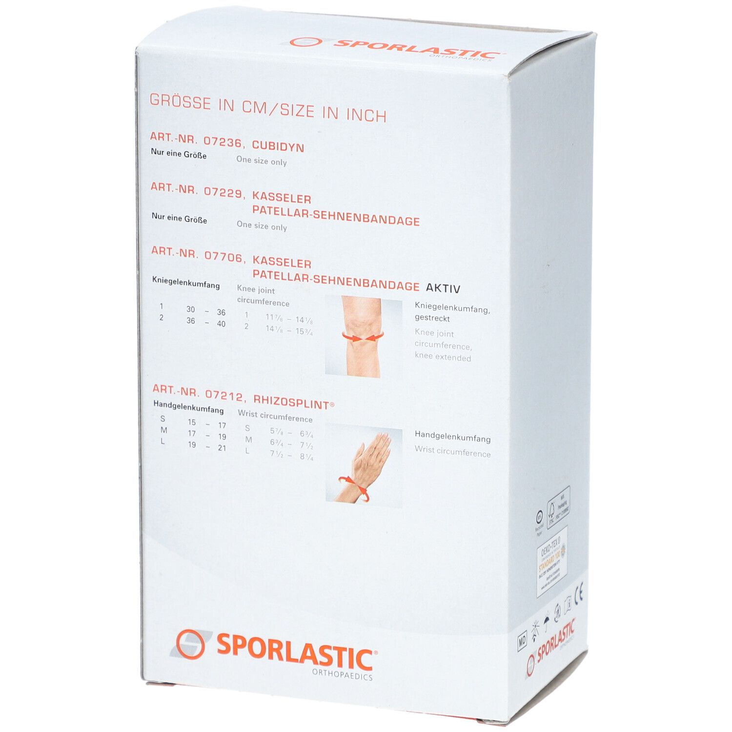 Produktverpackung mit Größentabelle für Bandagen. Marke SPORLASTIC. Text: GRÖSSE IN CM/SIZE IN INCH. Produktnamen.