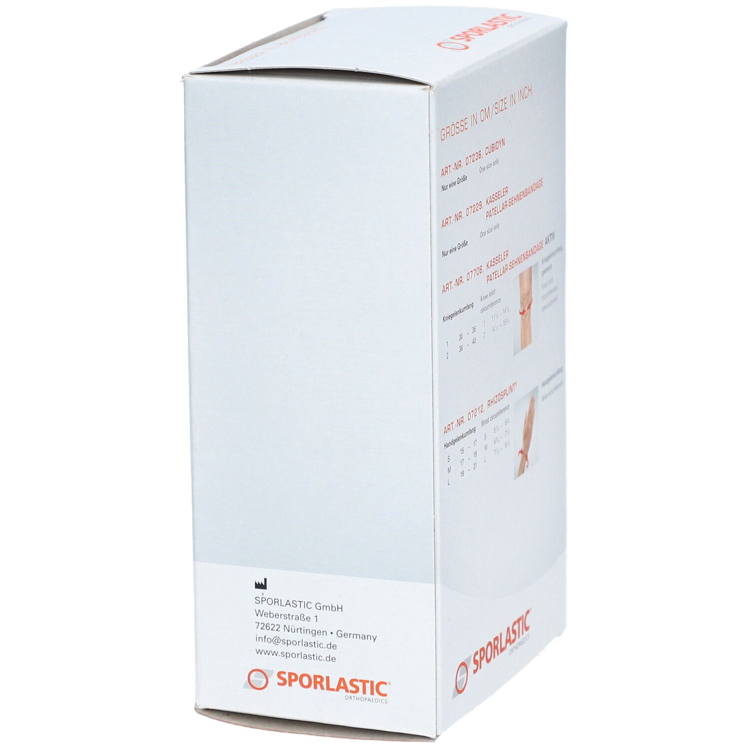 Produktverpackung, Seitenansicht mit Text und Logo SPORLASTIC. Text: GRÖSSE IN CM/SIZE IN INCH. Adresse des Herstellers.