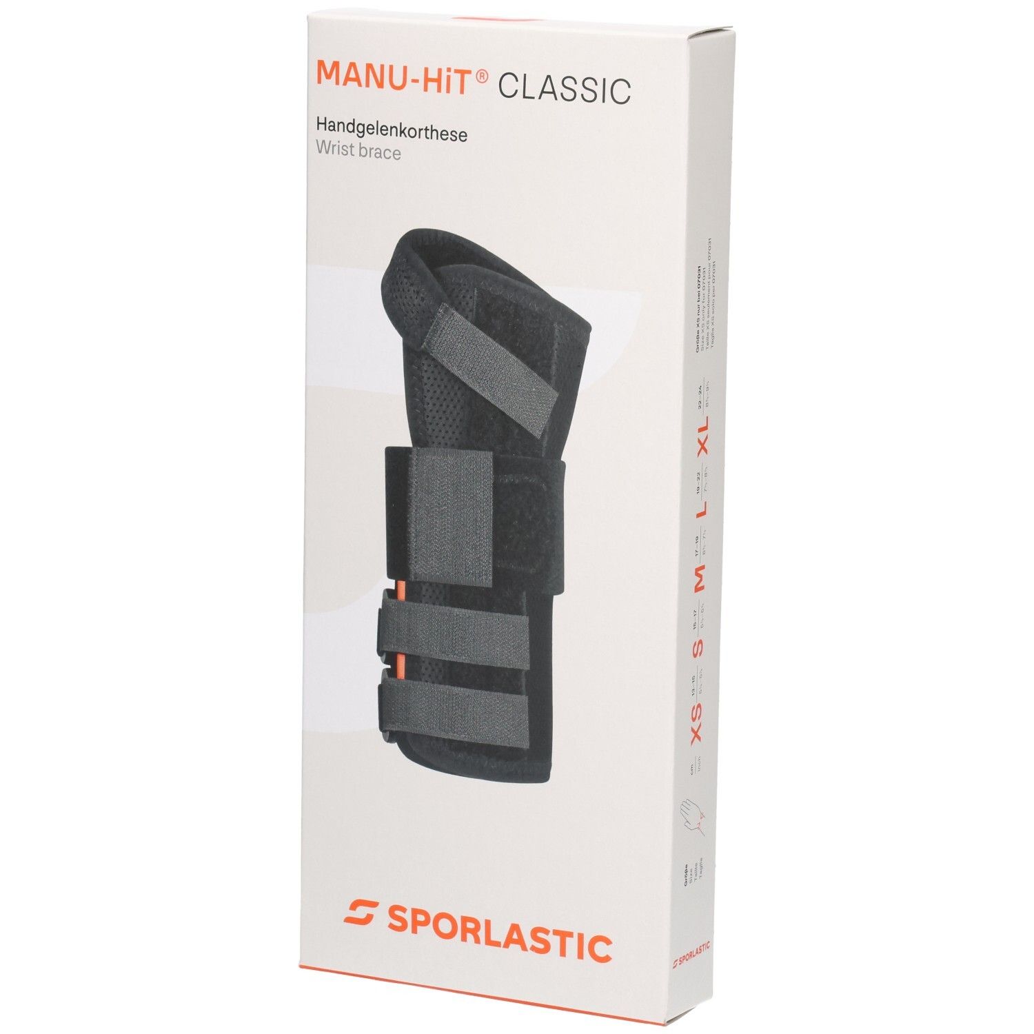 Verpackung mit schwarzer Handgelenkbandage, Klettverschlüsse, Sporlastic Logo.