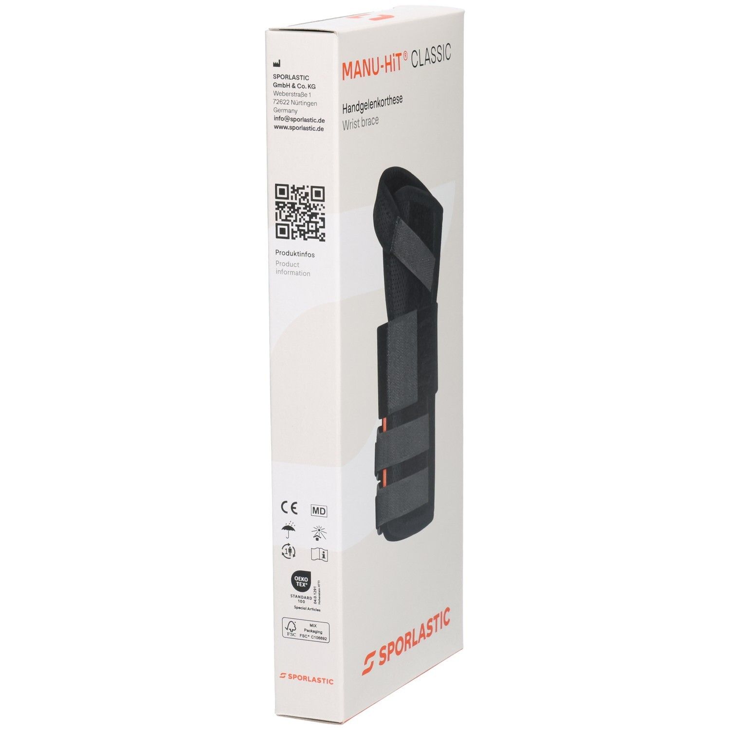Seitenansicht der Verpackung mit CE-Zeichen und QR-Code.