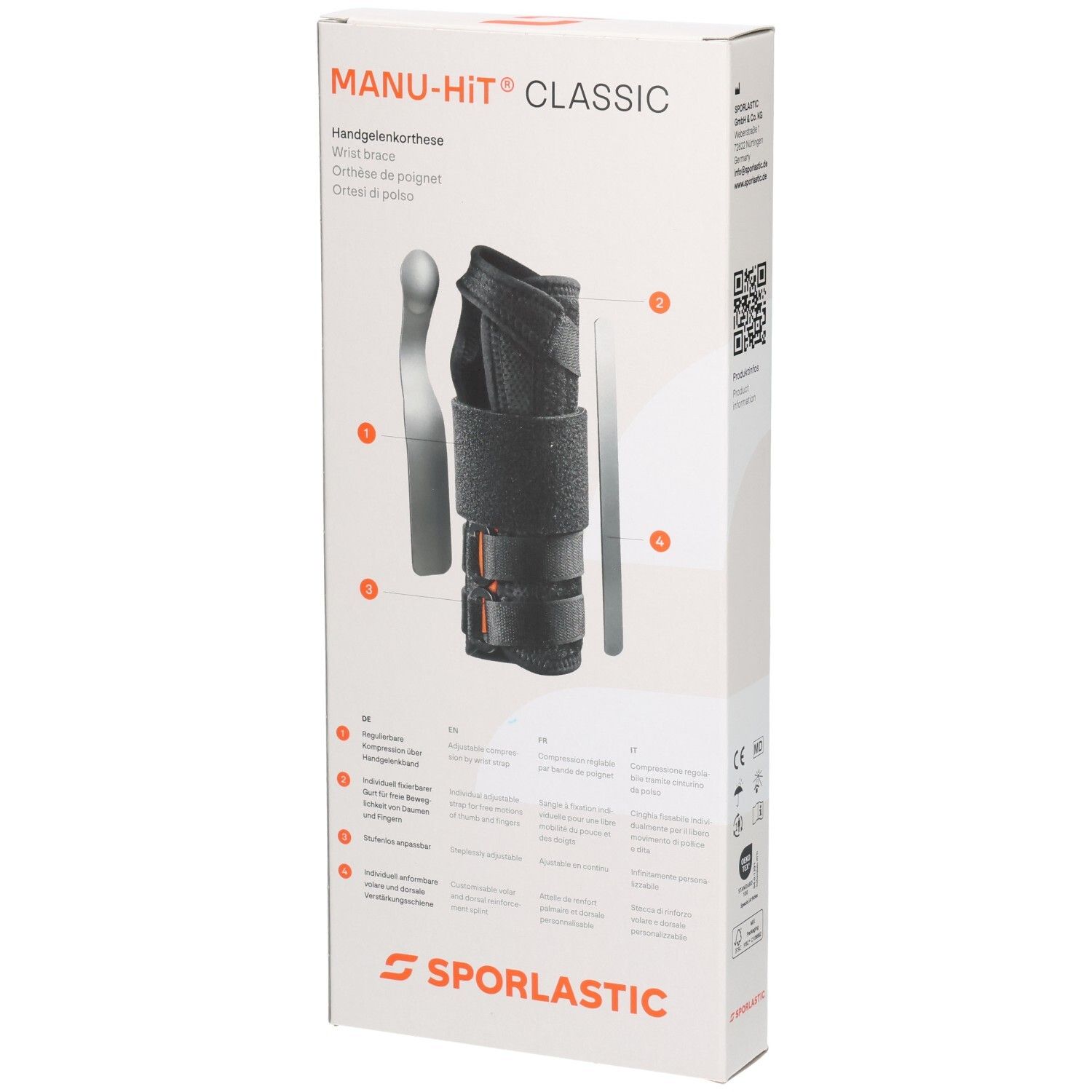 Verpackung mit Handgelenkbandage, Schiene und Anwendungsbeispielen.