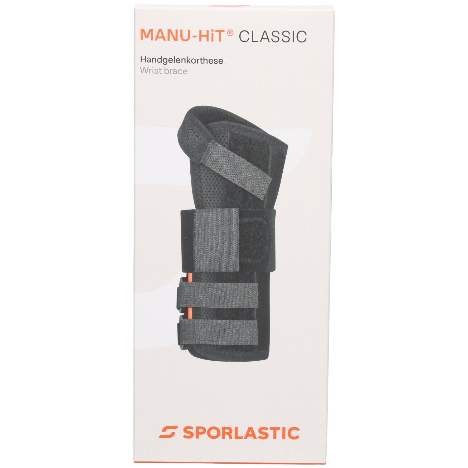 Verpackung mit schwarzer Handgelenkbandage, Klettverschlüsse, Sporlastic Logo.