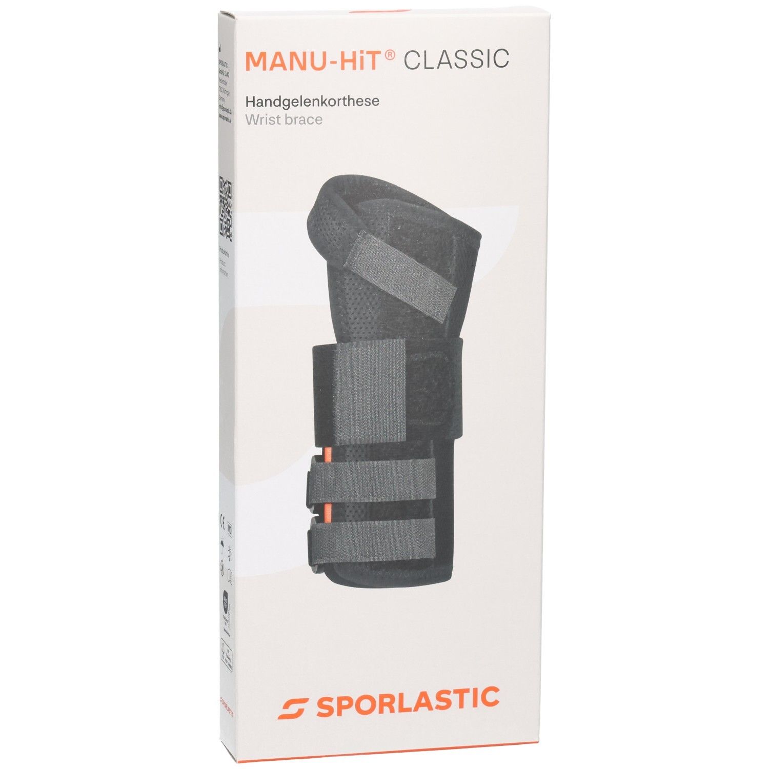 Verpackung mit schwarzer Handgelenkbandage, Klettverschlüsse, Sporlastic Logo.