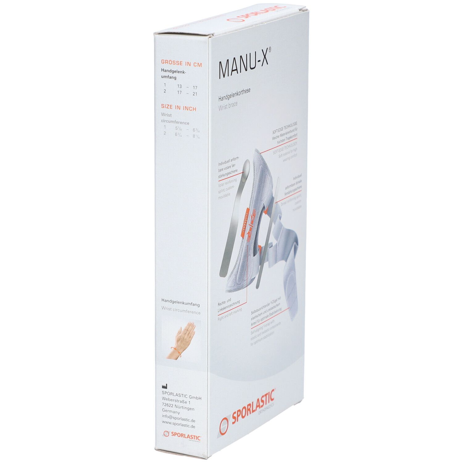 Emballage de l'orthèse de poignet MANU-X. Côté avec indications de taille en cm et pouces. Logo SPORLASTIC en bas.