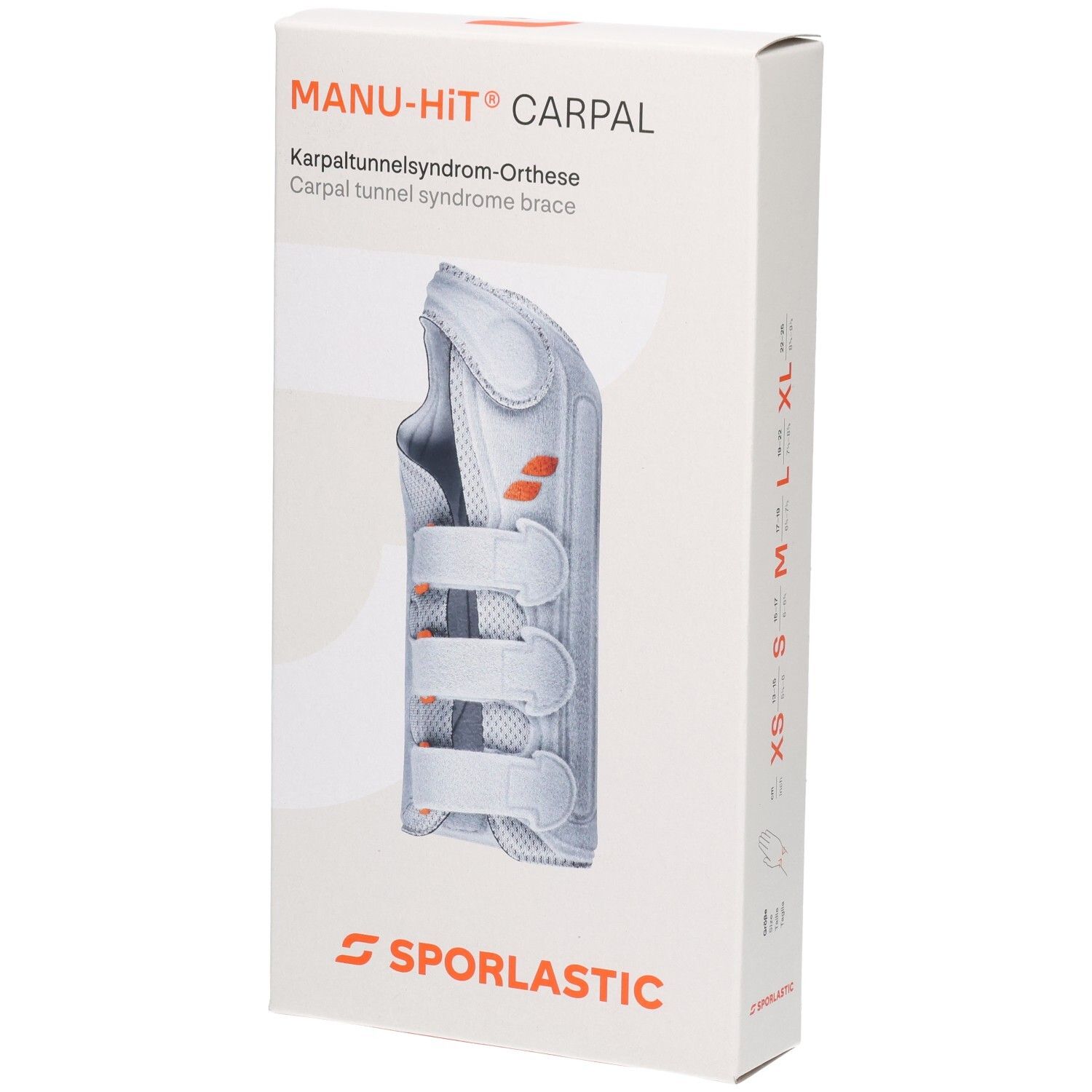 SPORLASTIC MANU-HIT CARPAL Orthese, weiß, mit Klettverschlüssen und orangefarbenen Akzenten.