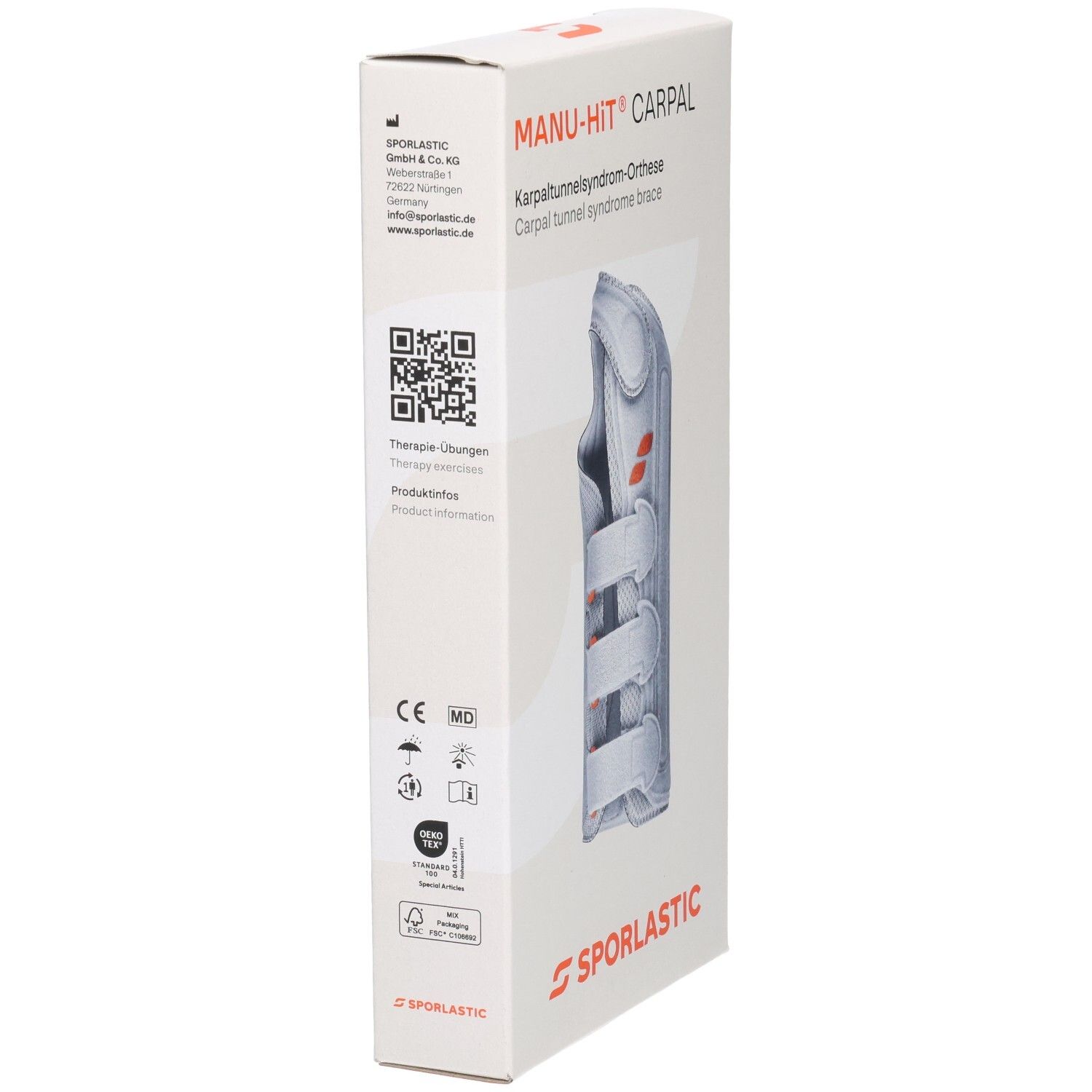 Verpackung der SPORLASTIC MANU-HIT CARPAL Orthese mit CE- und MD-Zeichen sowie Größenangabe.