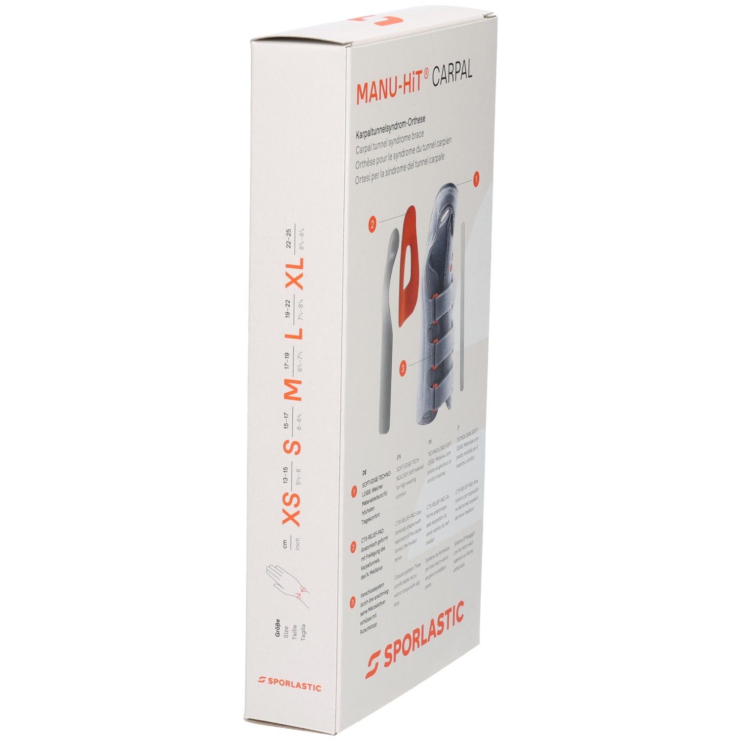 Seitenansicht der SPORLASTIC MANU-HIT CARPAL Orthese-Verpackung mit Größen XS bis XL.